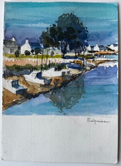 Harbour Boats and White Cottages with Tree Reflections Watercolor