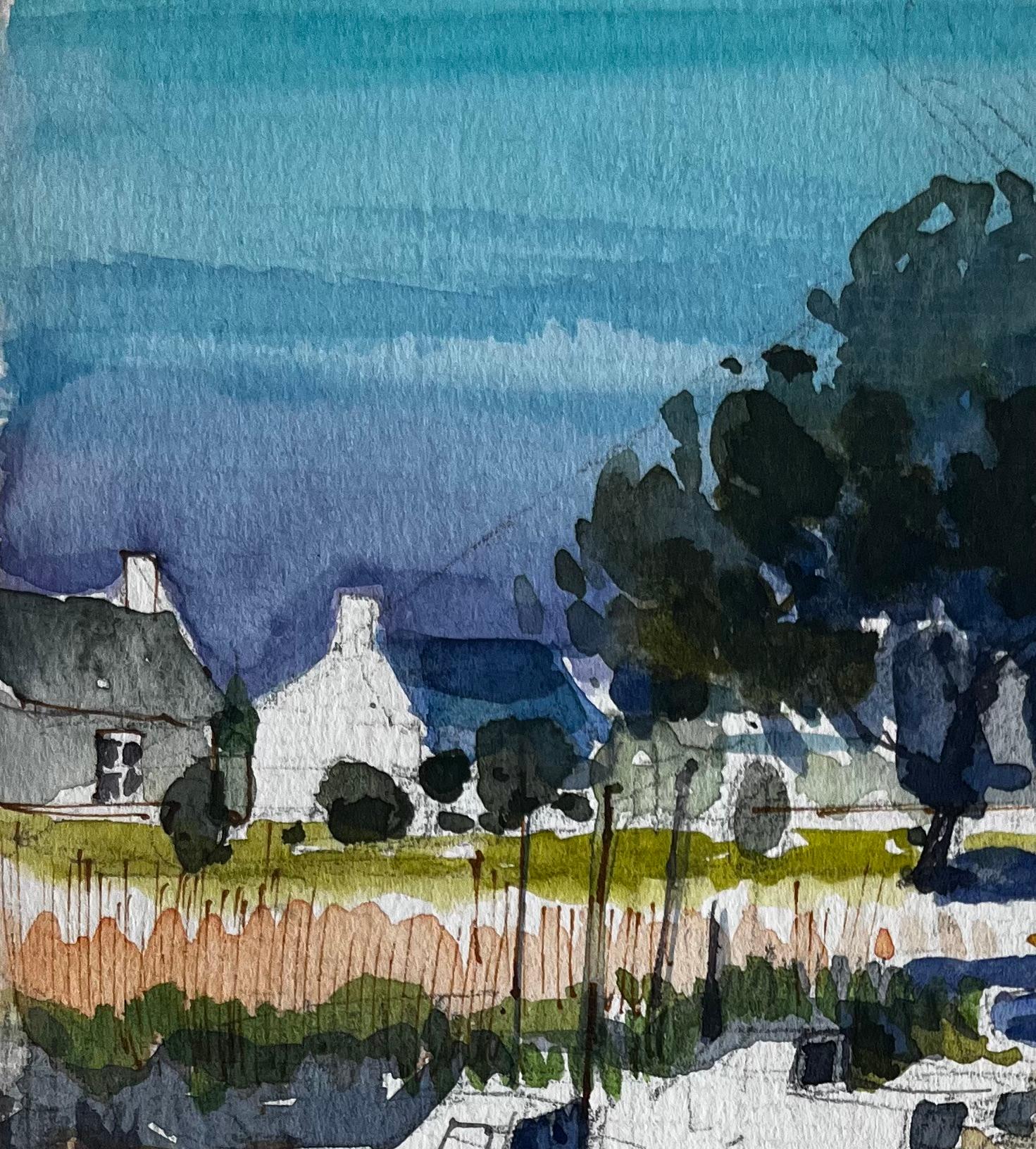 Bateaux du port et chalets blancs avec reflets d'arbres Aquarelle - Post-impressionnisme Art par Pierre Neveu