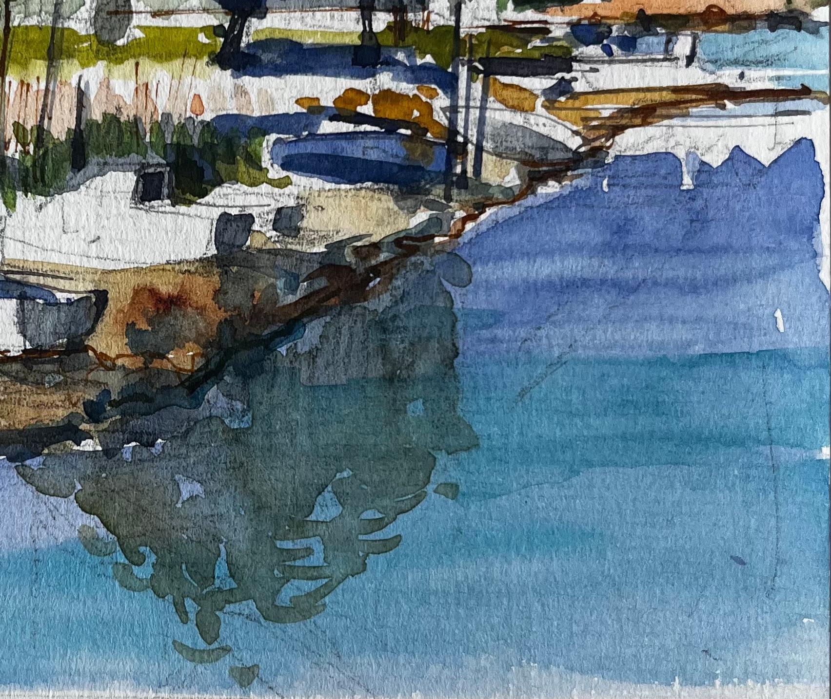 Titre : Bateaux de port et chalets blancs avec reflets d'arbres Aquarelle
Artistics : Pierre Neveu (français né en 1929)
Moyen d'expression : Aquarelle sur papier d'artiste, non encadrée
Taille (H x L) : 8.5 x 6.25 pouces
Inscrit 
