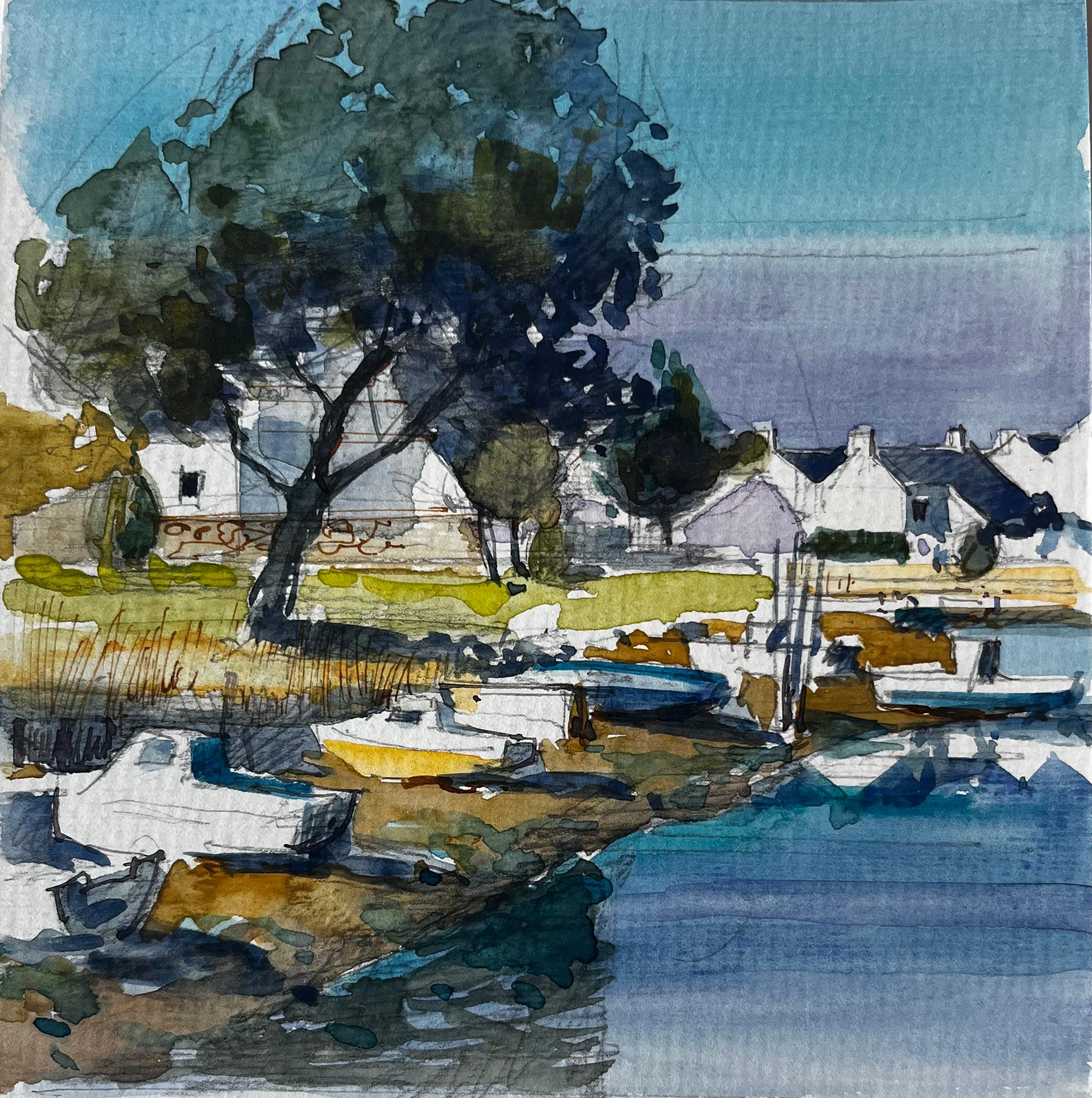 Porto di Francia Villaggio Barche Albero e Cottage Bianchi Studio ad acquerello