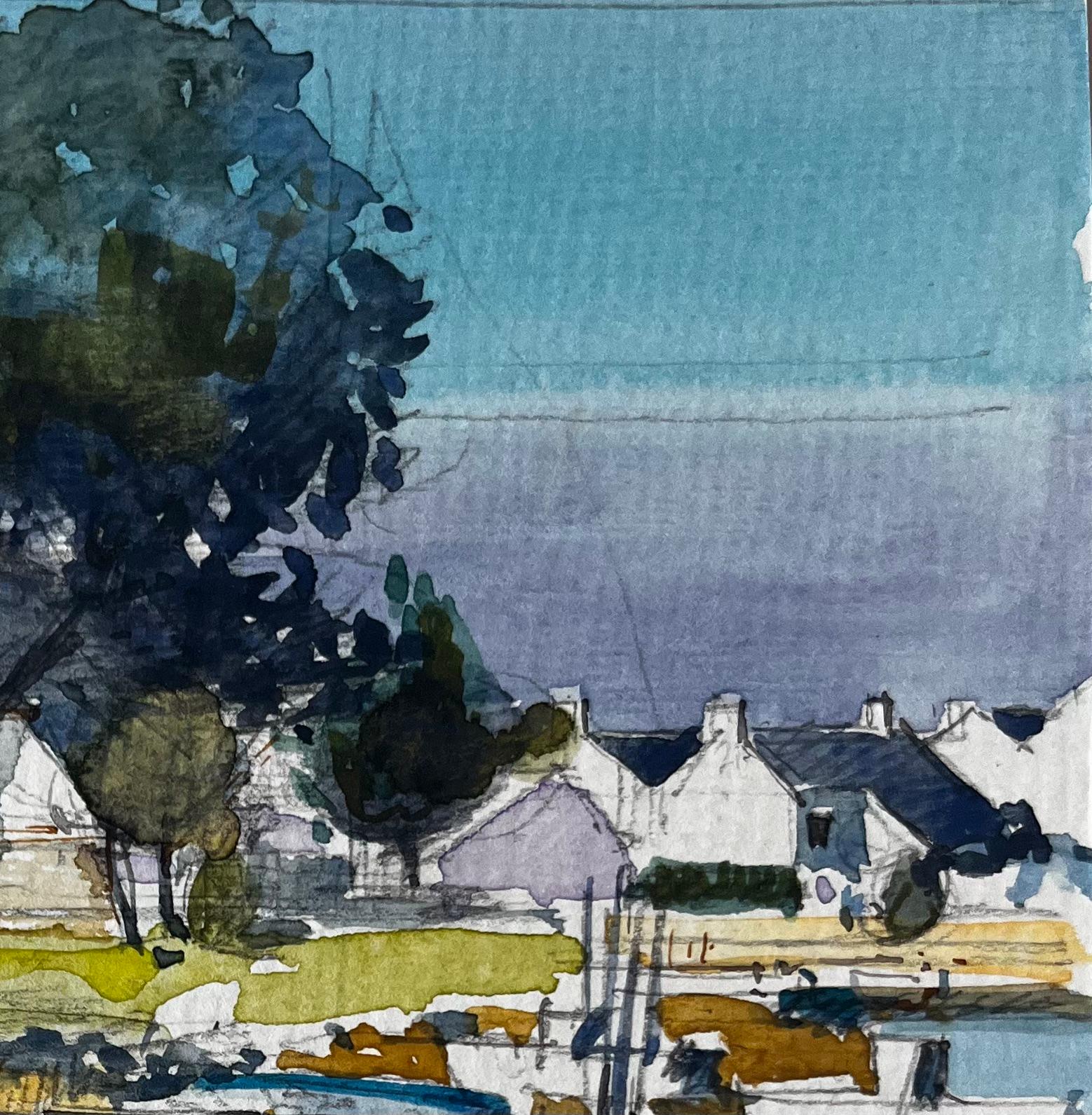 Estudio en acuarela de los barcos del pueblo del puerto francés Árbol y casitas blancas - Painting Posimpresionista de Pierre Neveu