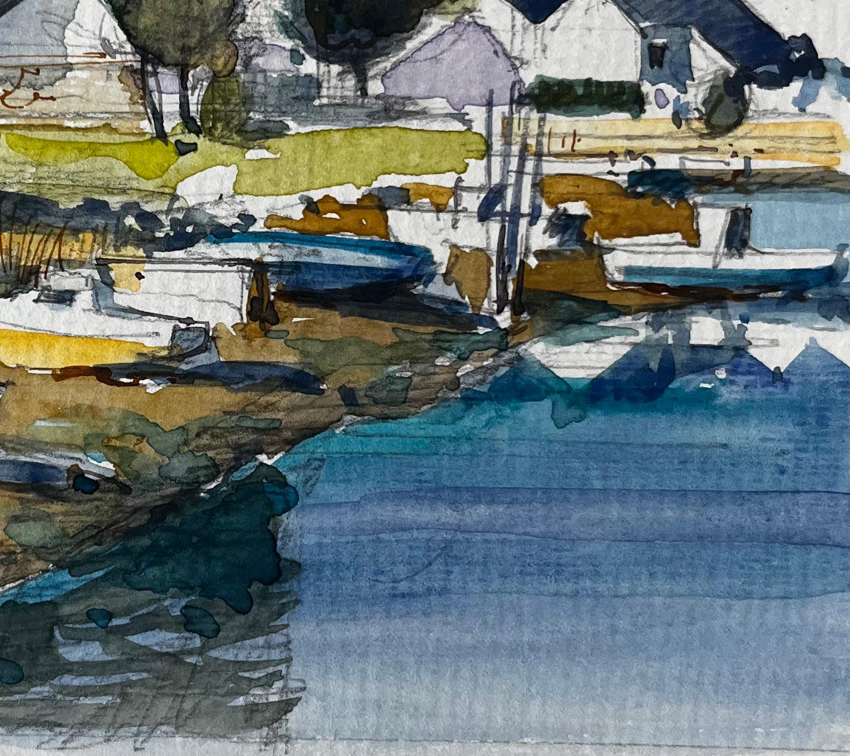 Estudio en acuarela de los barcos del pueblo del puerto francés Árbol y casitas blancas - Landscape Painting Gris de Pierre Neveu