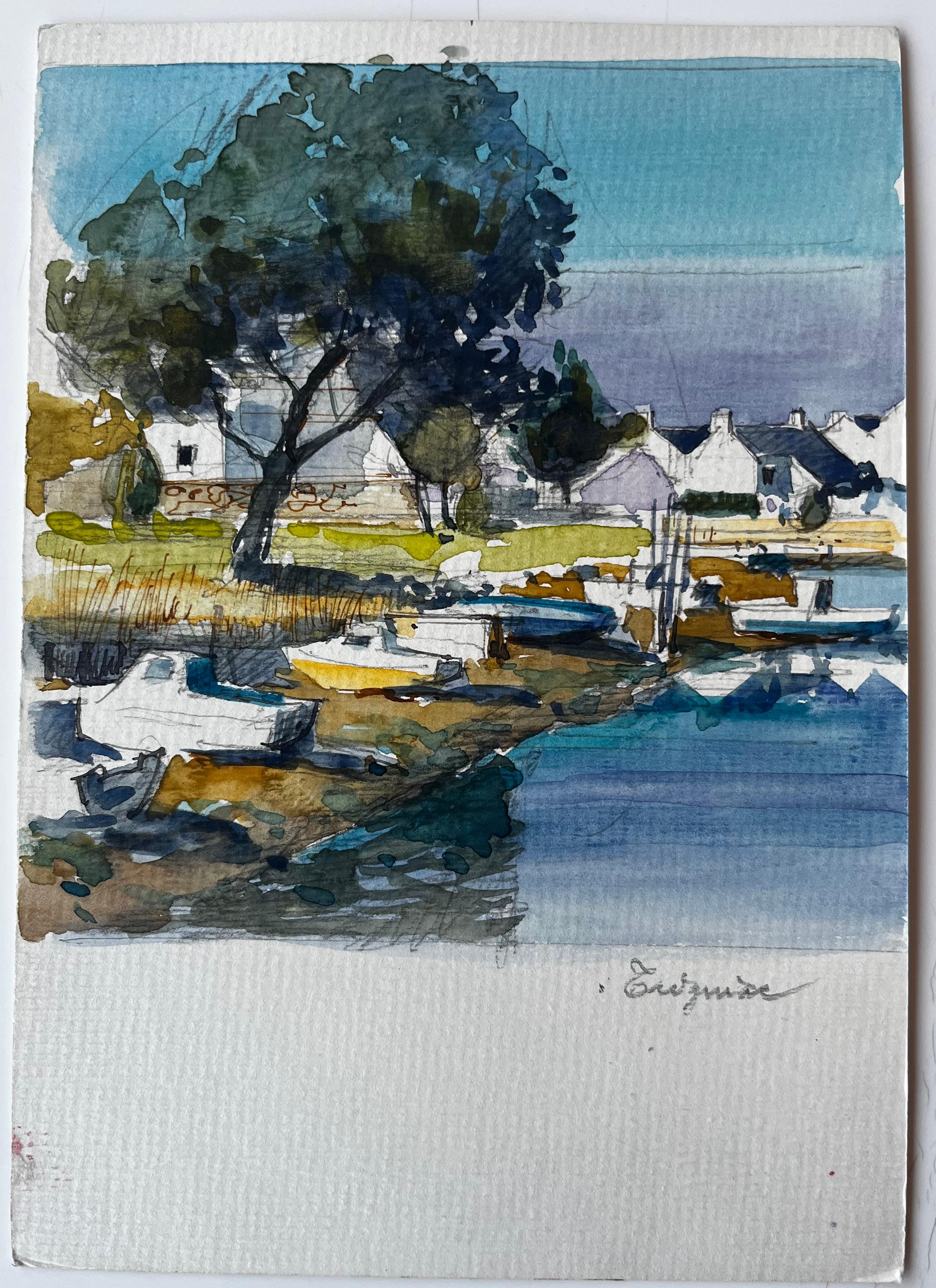 Estudio en acuarela de los barcos del pueblo del puerto francés Árbol y casitas blancas - Painting de Pierre Neveu