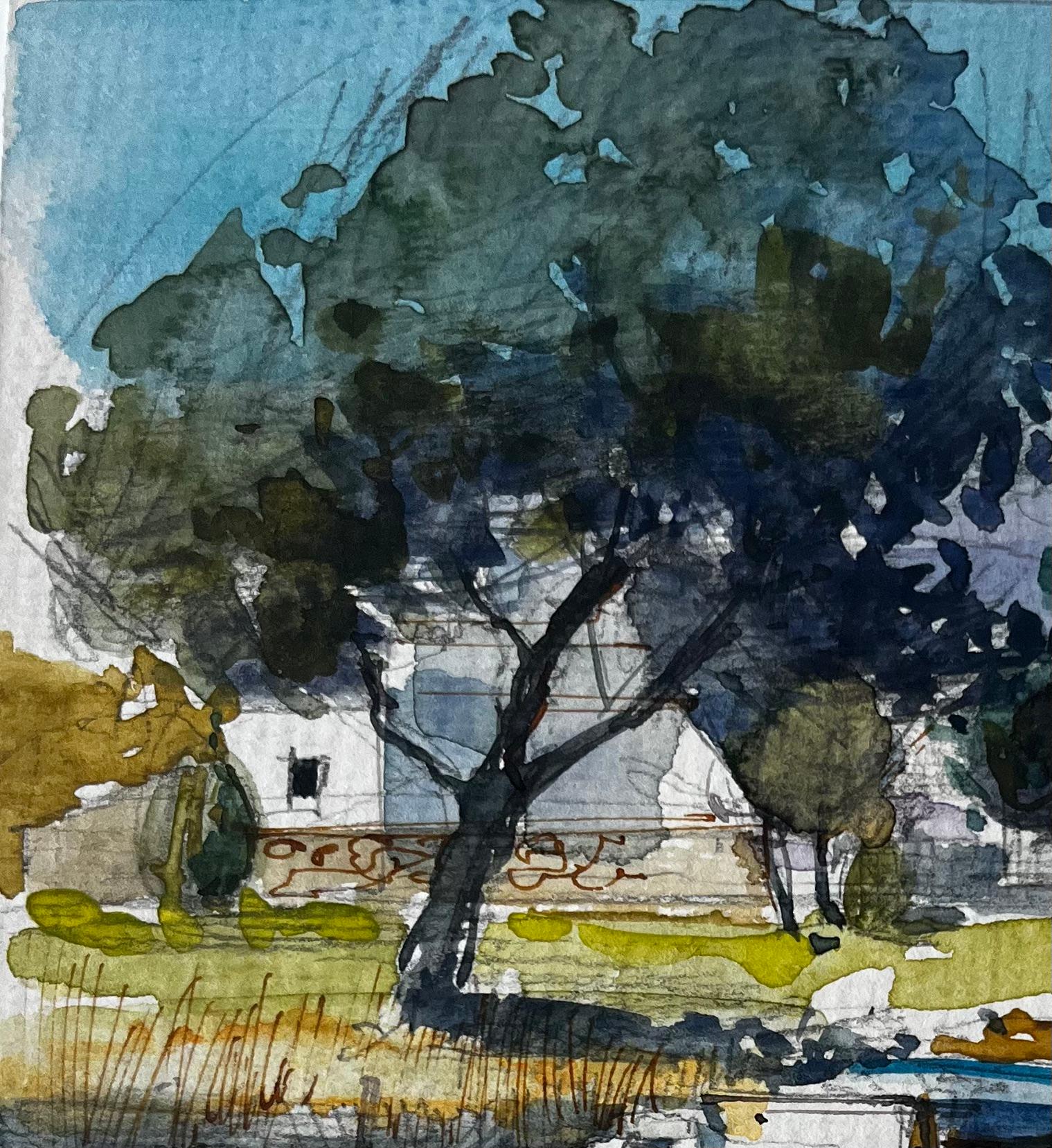 Estudio en acuarela de los barcos del pueblo del puerto francés Árbol y casitas blancas en venta 1