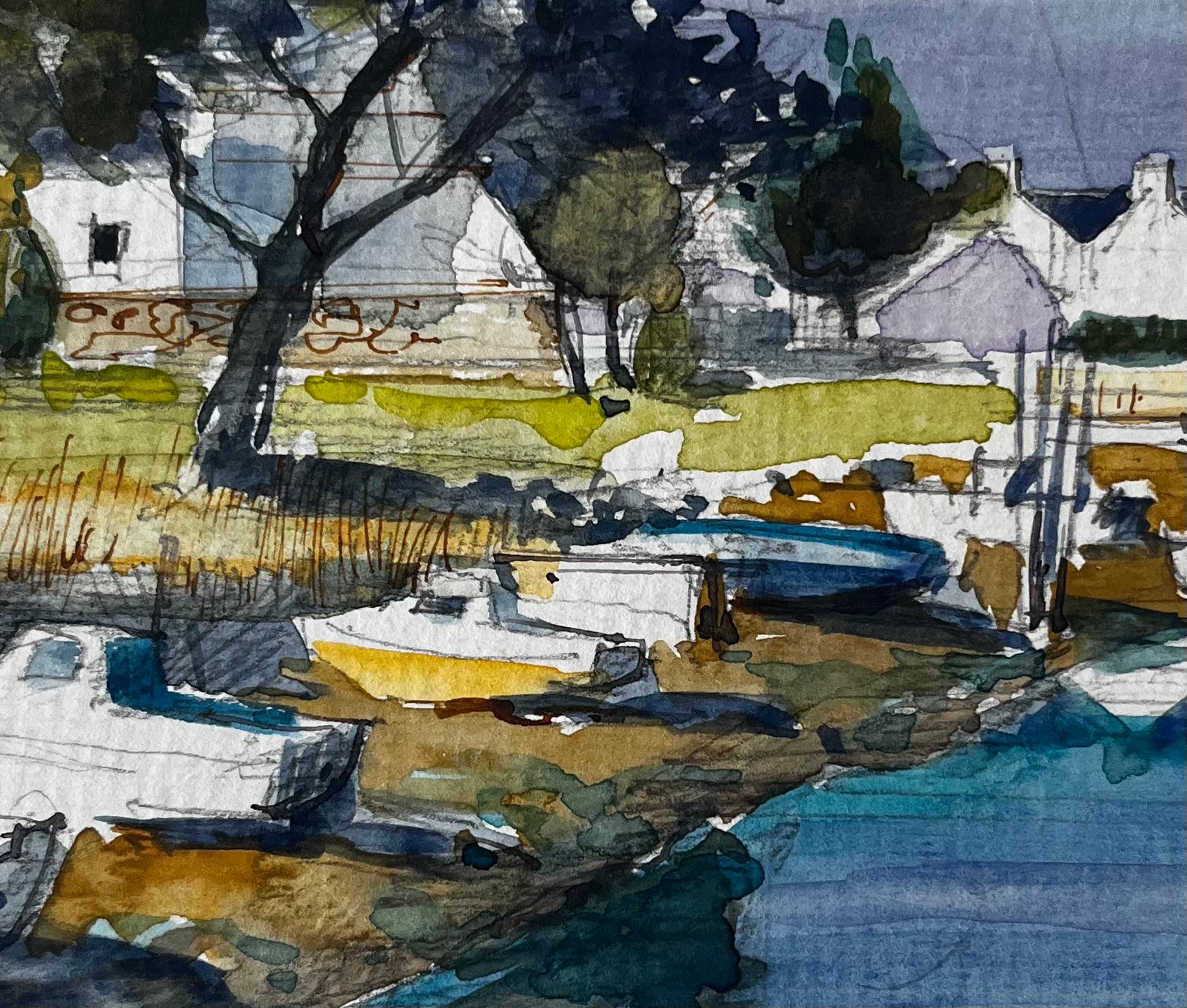 Estudio en acuarela de los barcos del pueblo del puerto francés Árbol y casitas blancas en venta 2