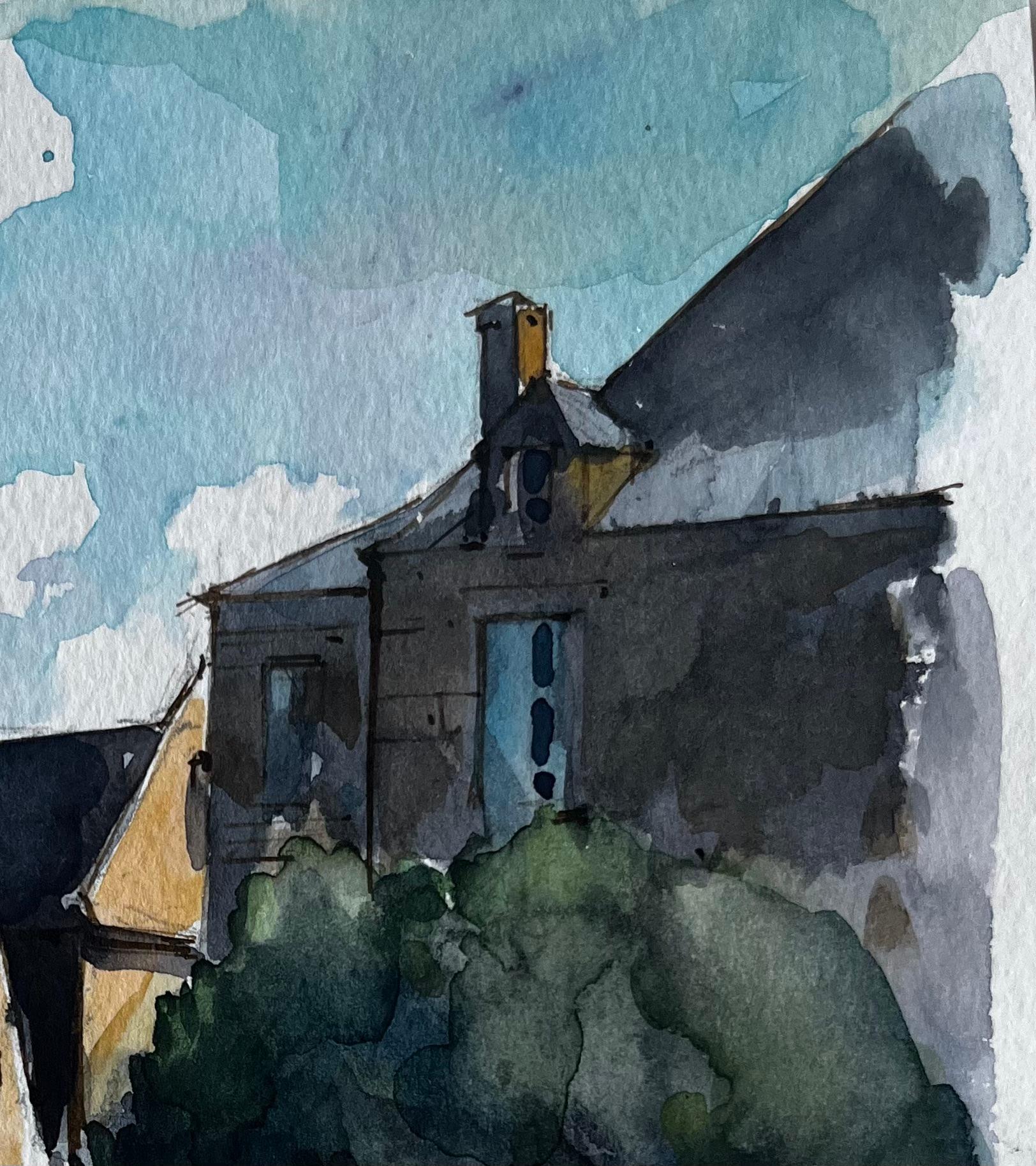 Figures de la flèche de l'église de la place du marché de Guérande et parasol jaune - Noir Landscape Painting par Pierre Neveu