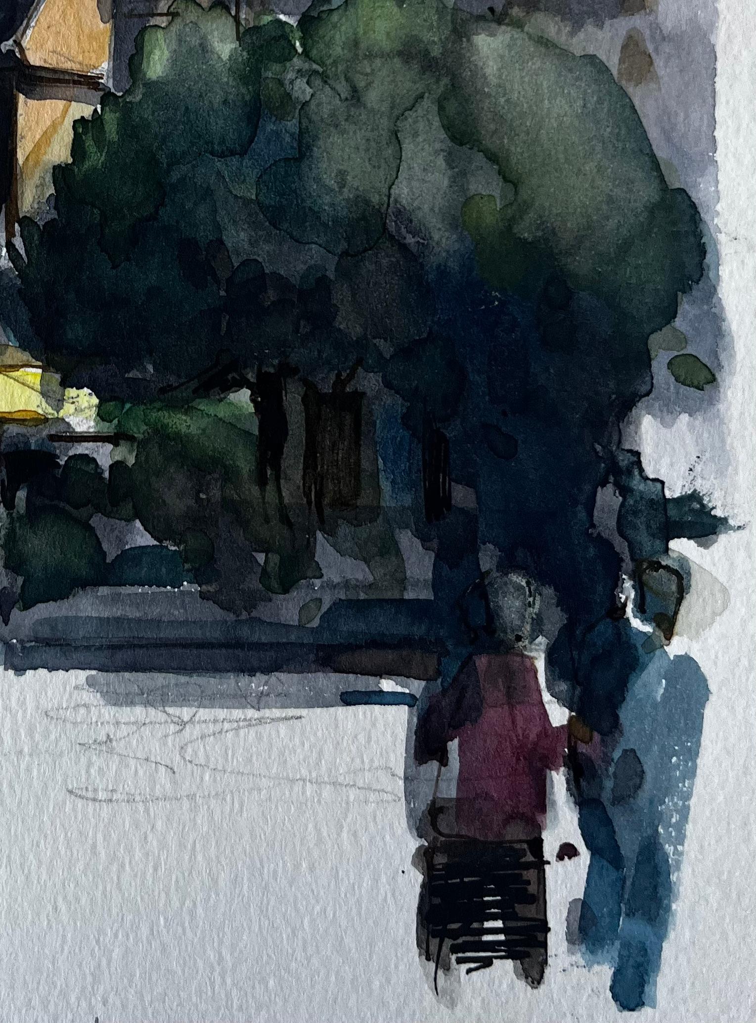 Titre : Guerande Place de marché française Flèche d'église Figures et parasol jaune Aquarelle
Artistics : Pierre Neveu (français né en 1929)
Moyen d'expression : Aquarelle sur papier d'artiste, non encadrée
Taille (H x L) : 8.75 x 6.5 pouces
Inscrit