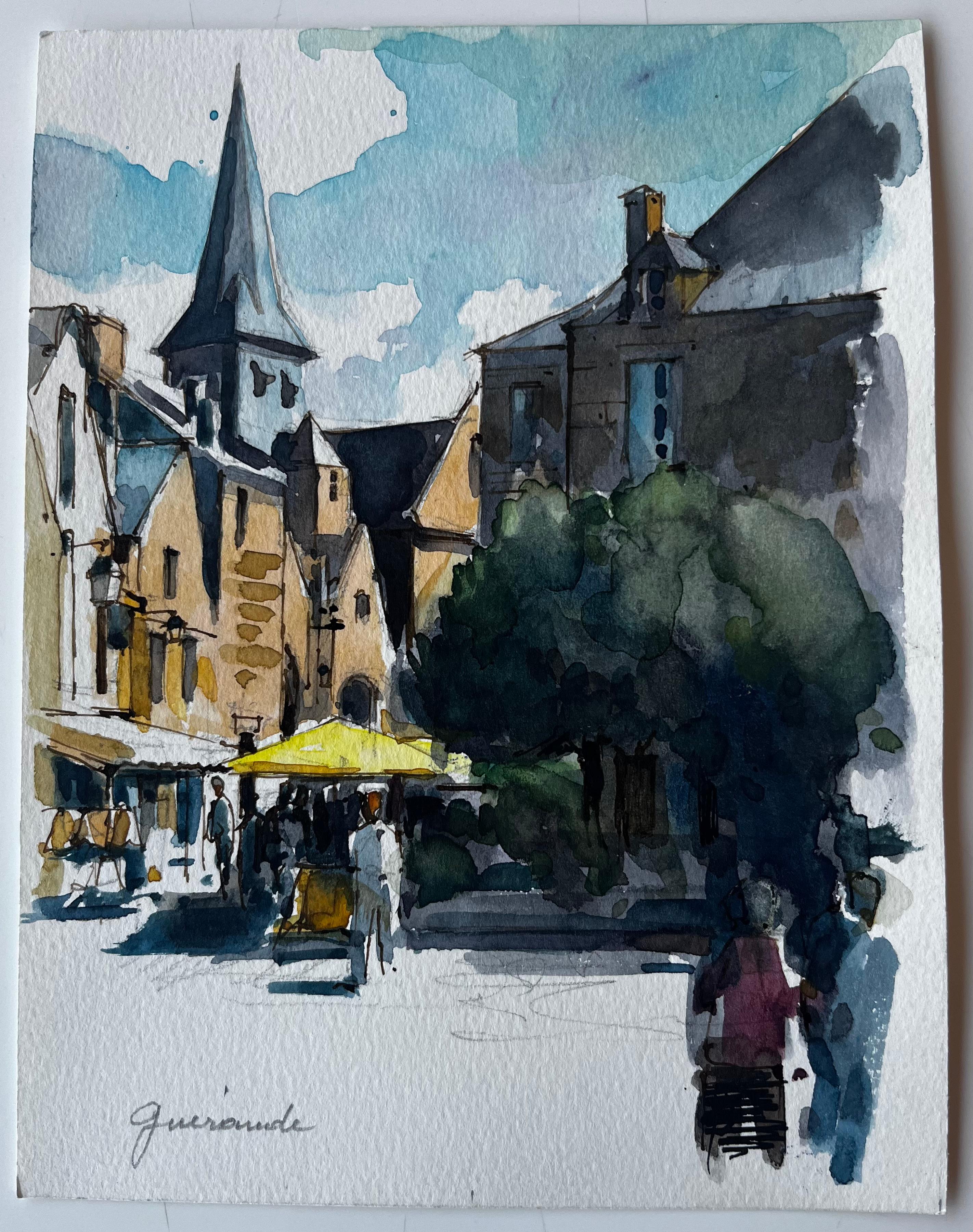Figures de la flèche de l'église de la place du marché de Guérande et parasol jaune - Painting de Pierre Neveu