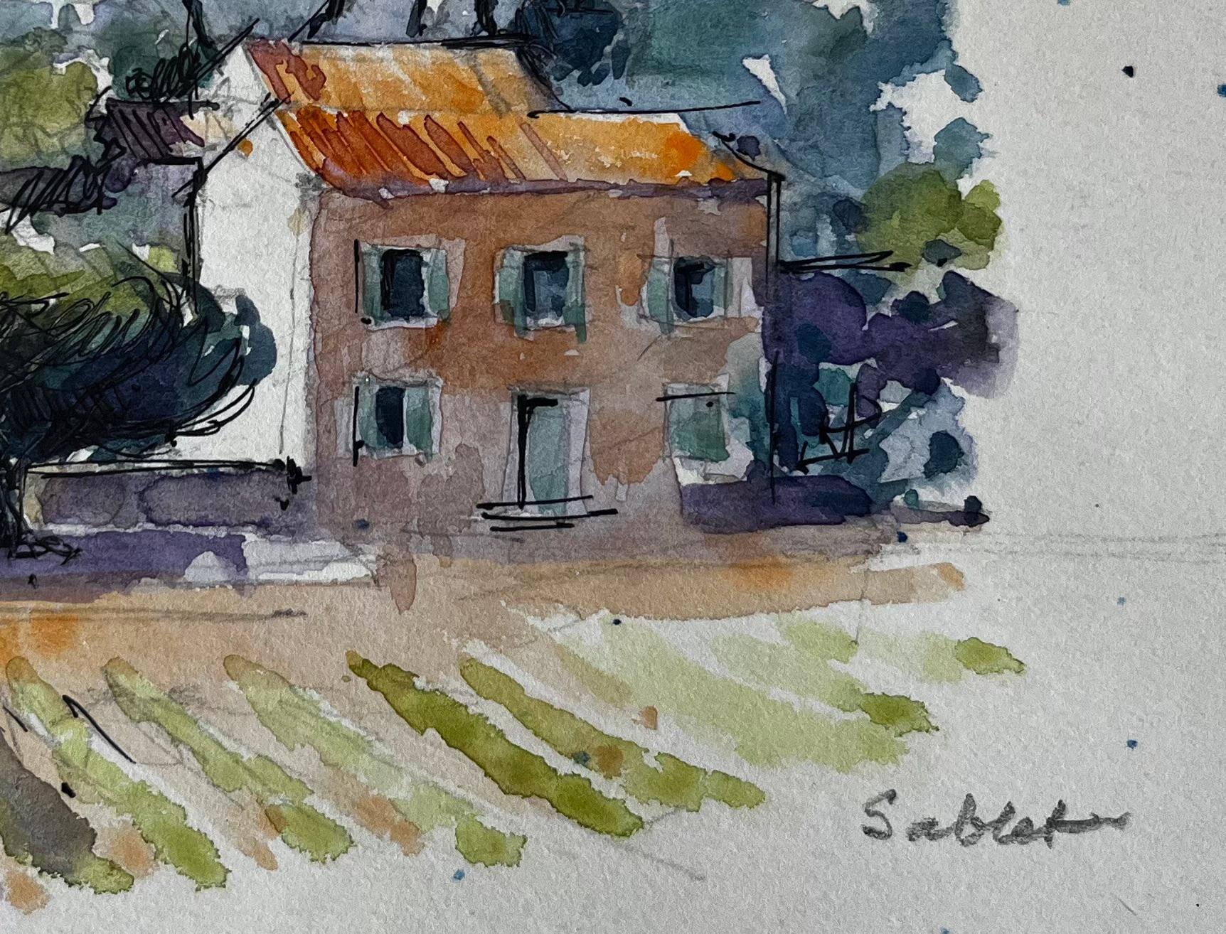 Sablet Provenza Vigneto Fattorie Alberi Hille Paesaggio francese Acquerello - Landscape Art Grigio di Pierre Neveu