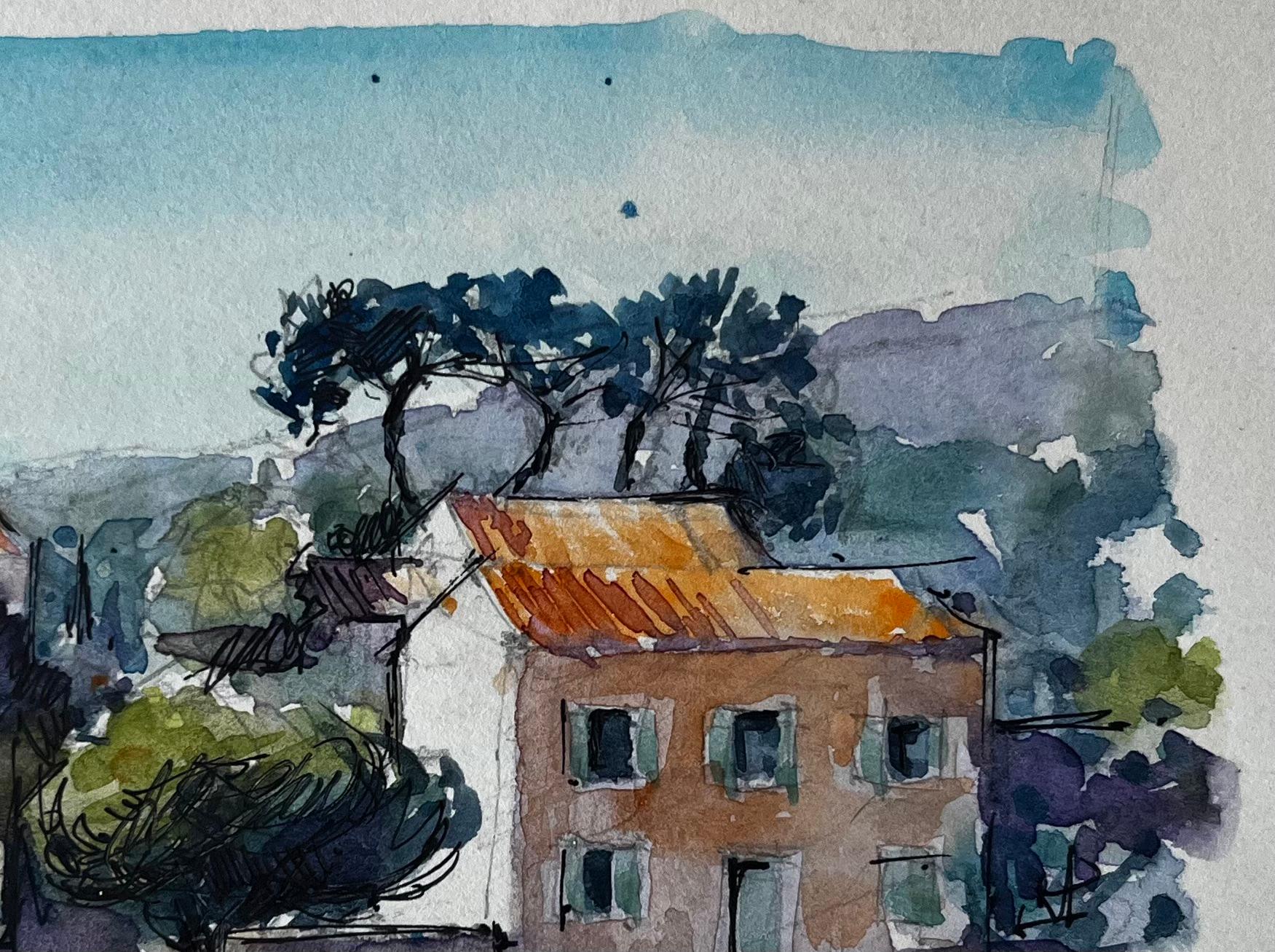 Sablet Provenza Vigneto Fattorie Alberi Hille Paesaggio francese Acquerello in vendita 1