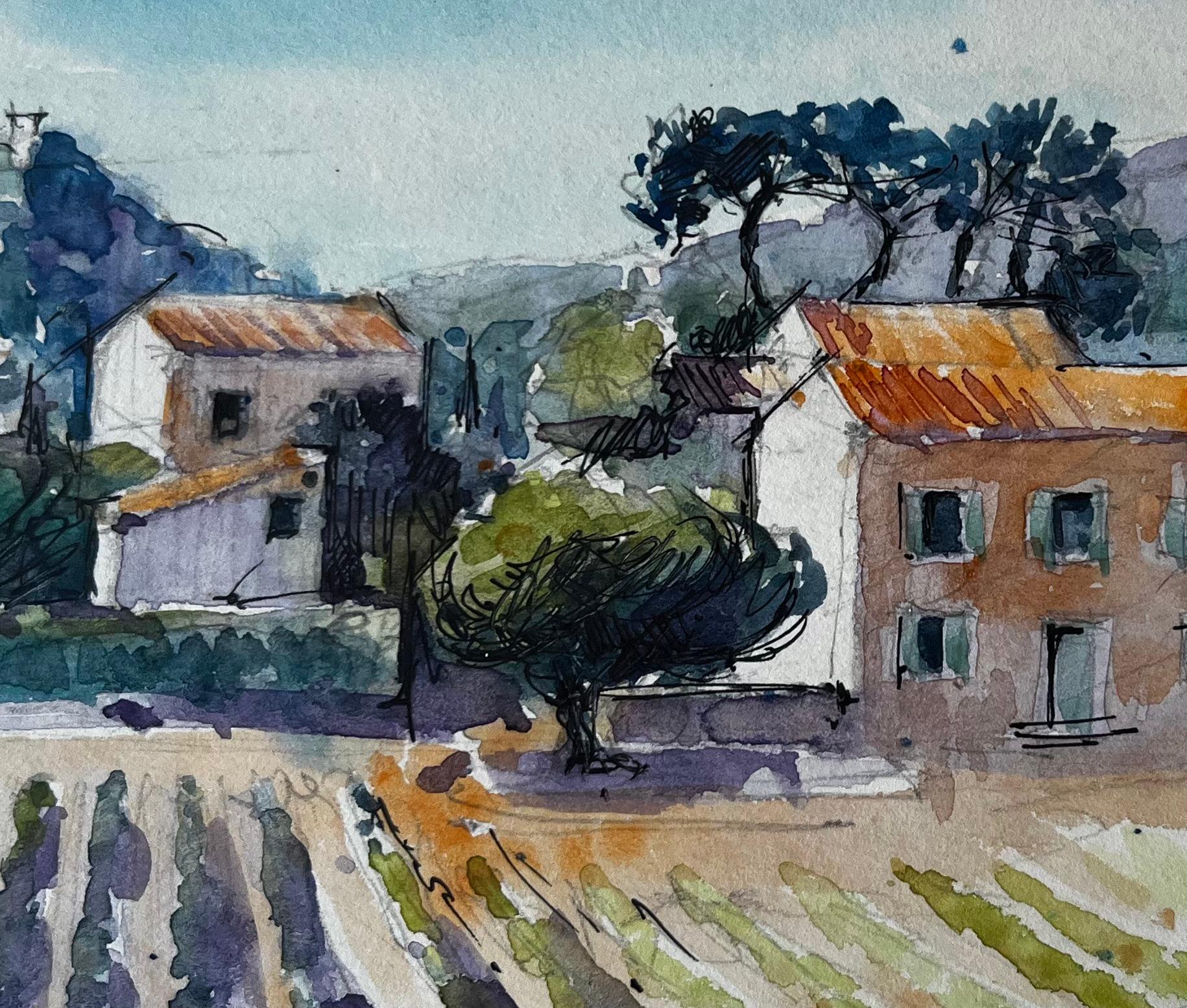 Sablet Provenza Vigneto Fattorie Alberi Hille Paesaggio francese Acquerello in vendita 2