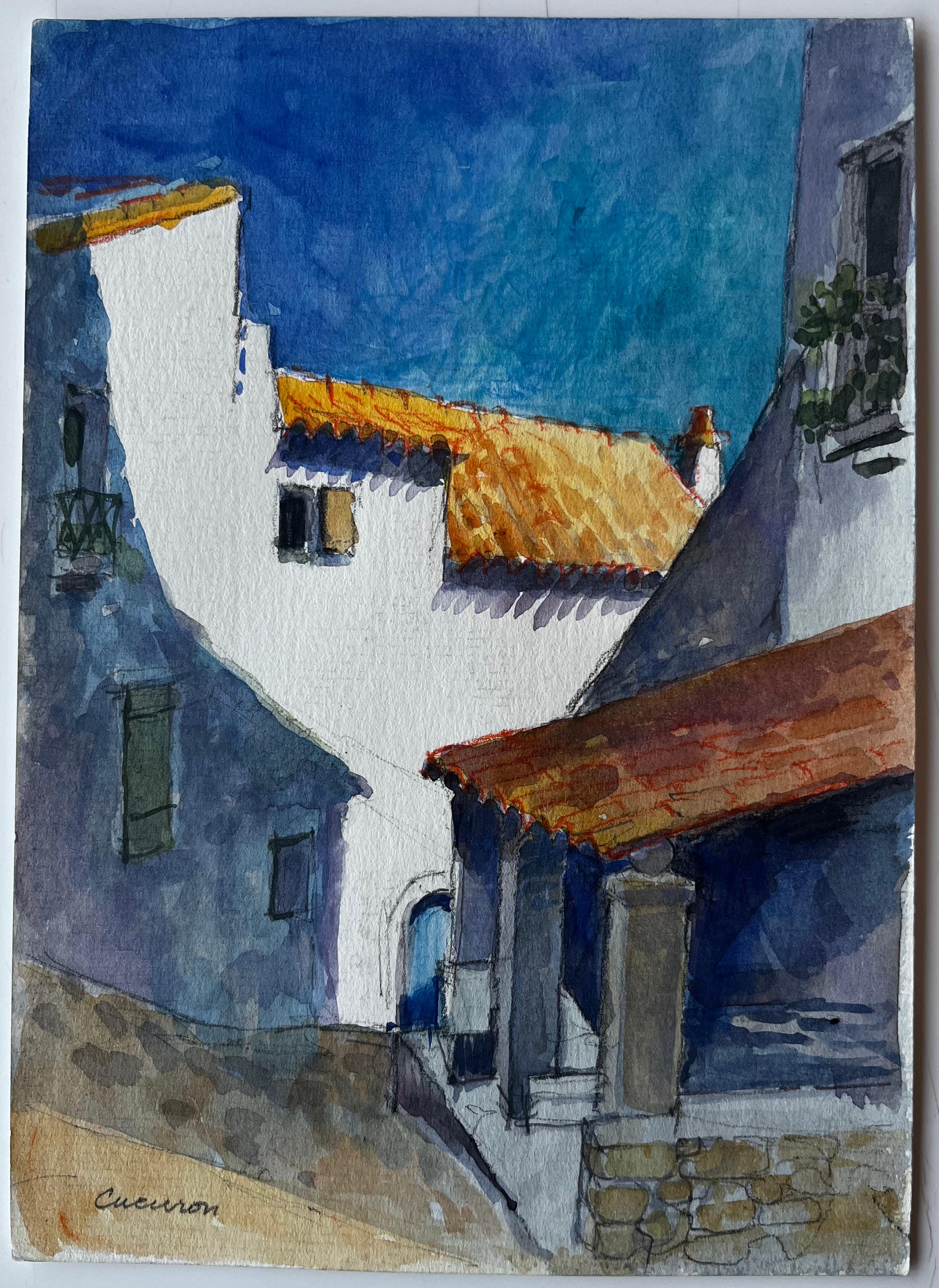 Cucuron Provence Sonnenbeschienene weiße Gebäude Terrakotta-Dächer Dorfstraße – Art von Pierre Neveu