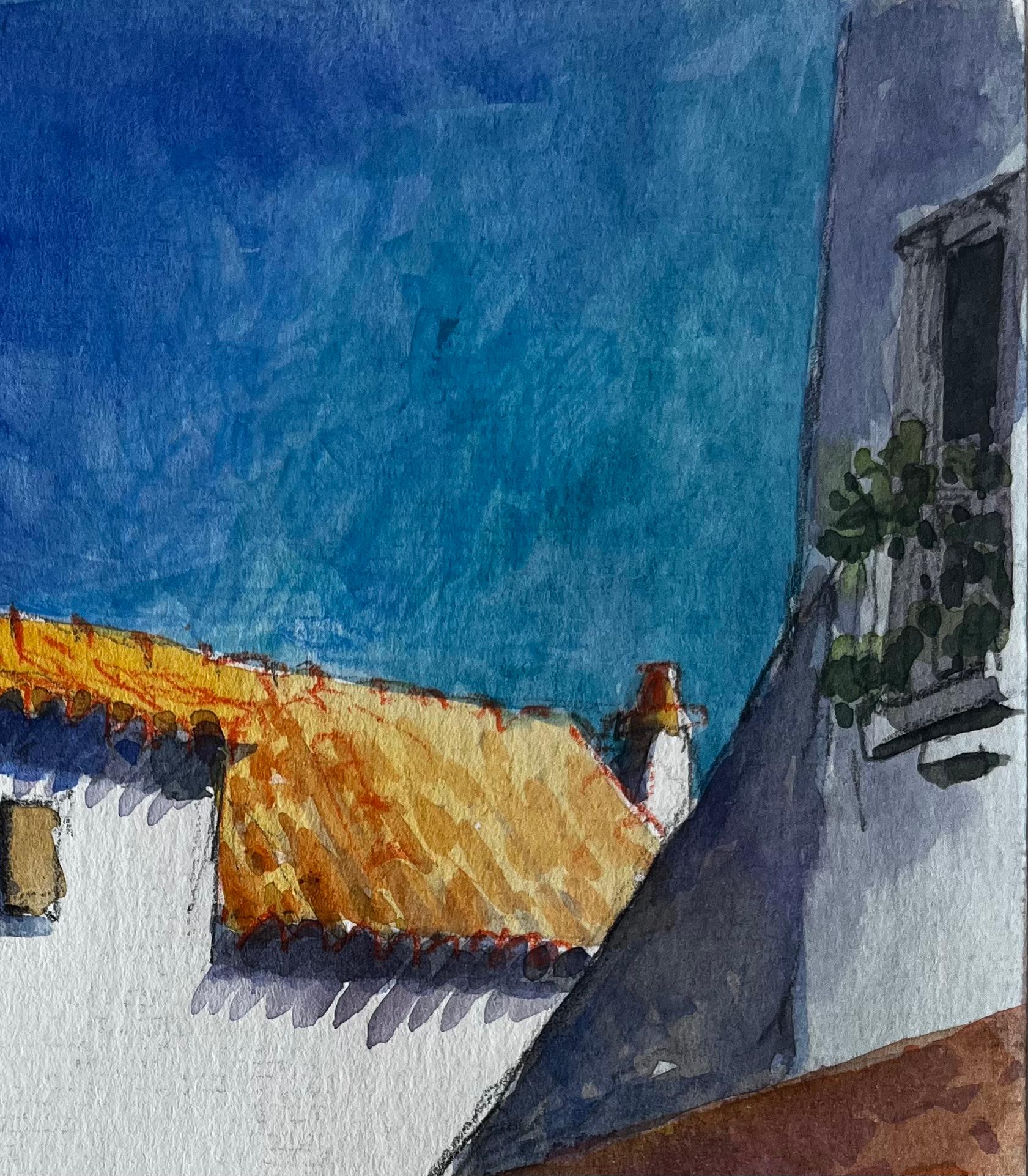 Cucuron Provence Sonnenbeschienene weiße Gebäude Terrakotta-Dächer Dorfstraße (Violett), Landscape Art, von Pierre Neveu