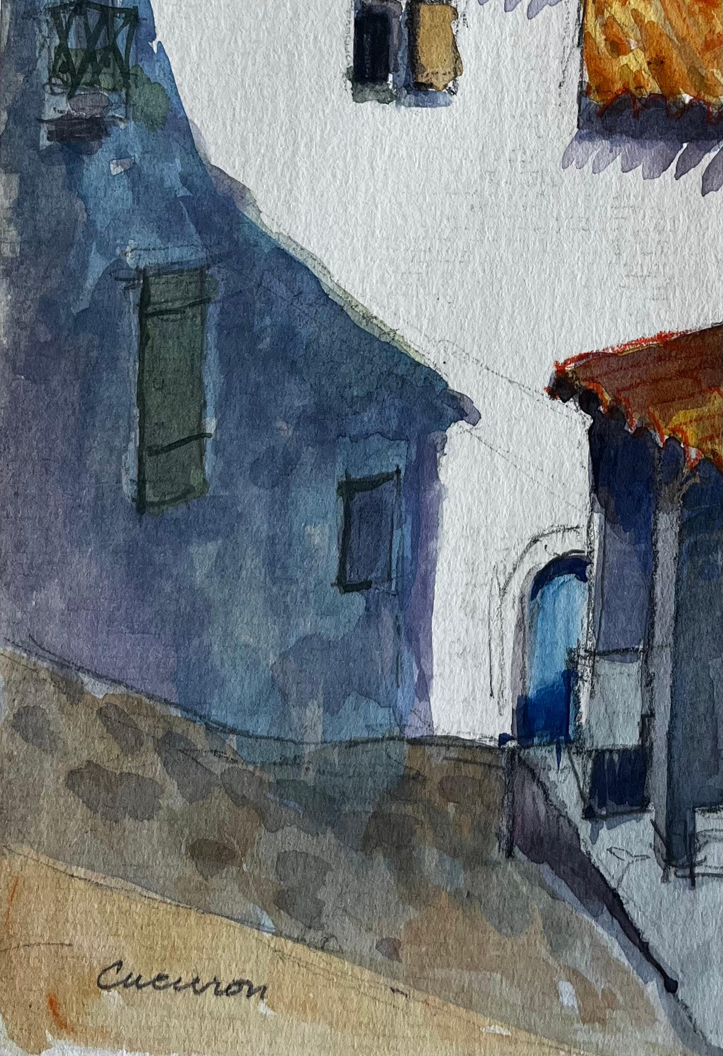 Cucuron Provence Sonnenbeschienene weiße Gebäude Terrakotta-Dächer Dorfstraße im Angebot 1