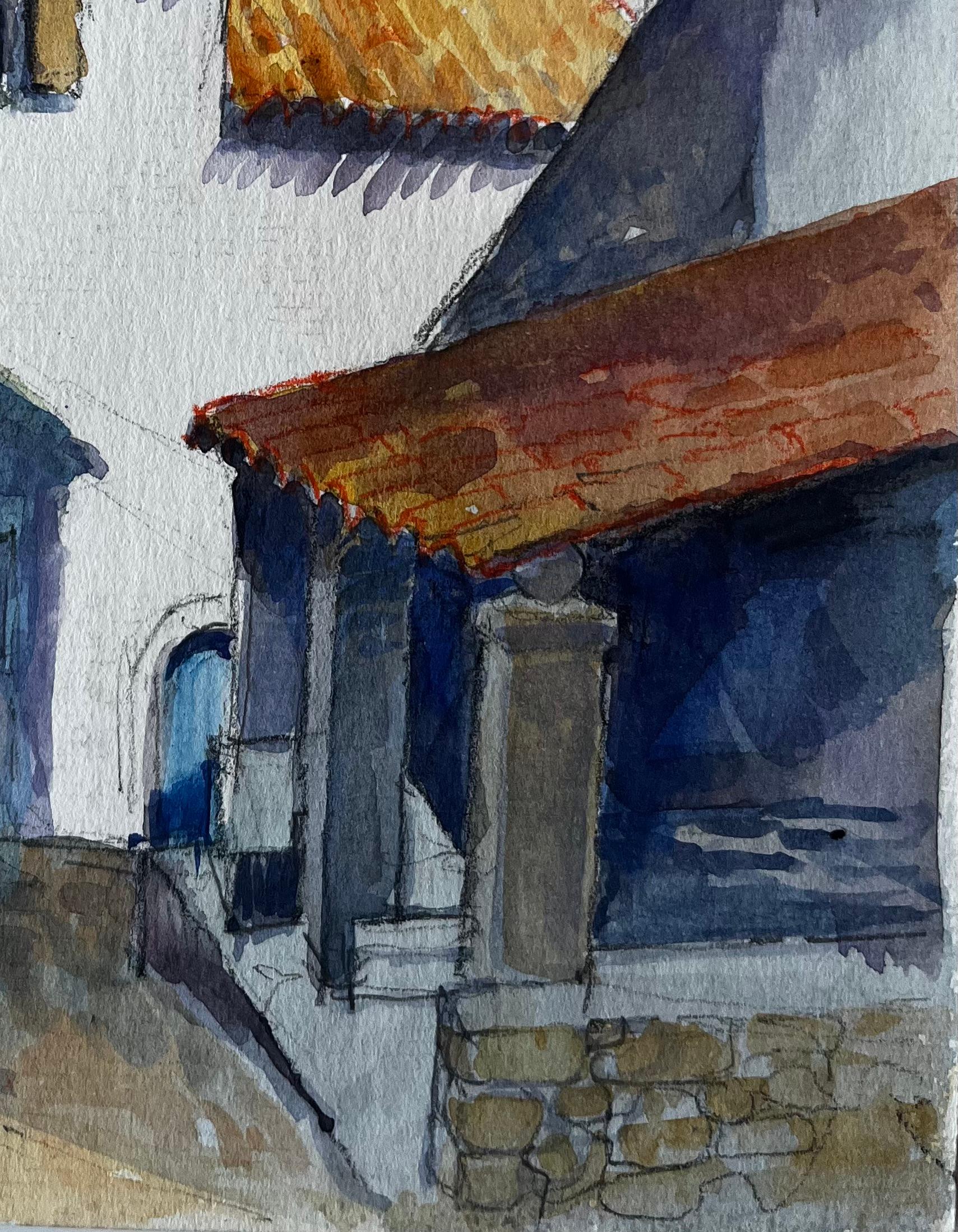 Titel: Cucuron Provence Sonnenbeschienene weiße Gebäude Terrakotta-Dächer Dorfstraße Aquarell
Künstler: Pierre Neveu (Franzose, geb. 1929)
Medium: Aquarell auf Künstlerpapier, ungerahmt
Größe (H x B): 8,5 x 6 Zoll
Beschriftung 