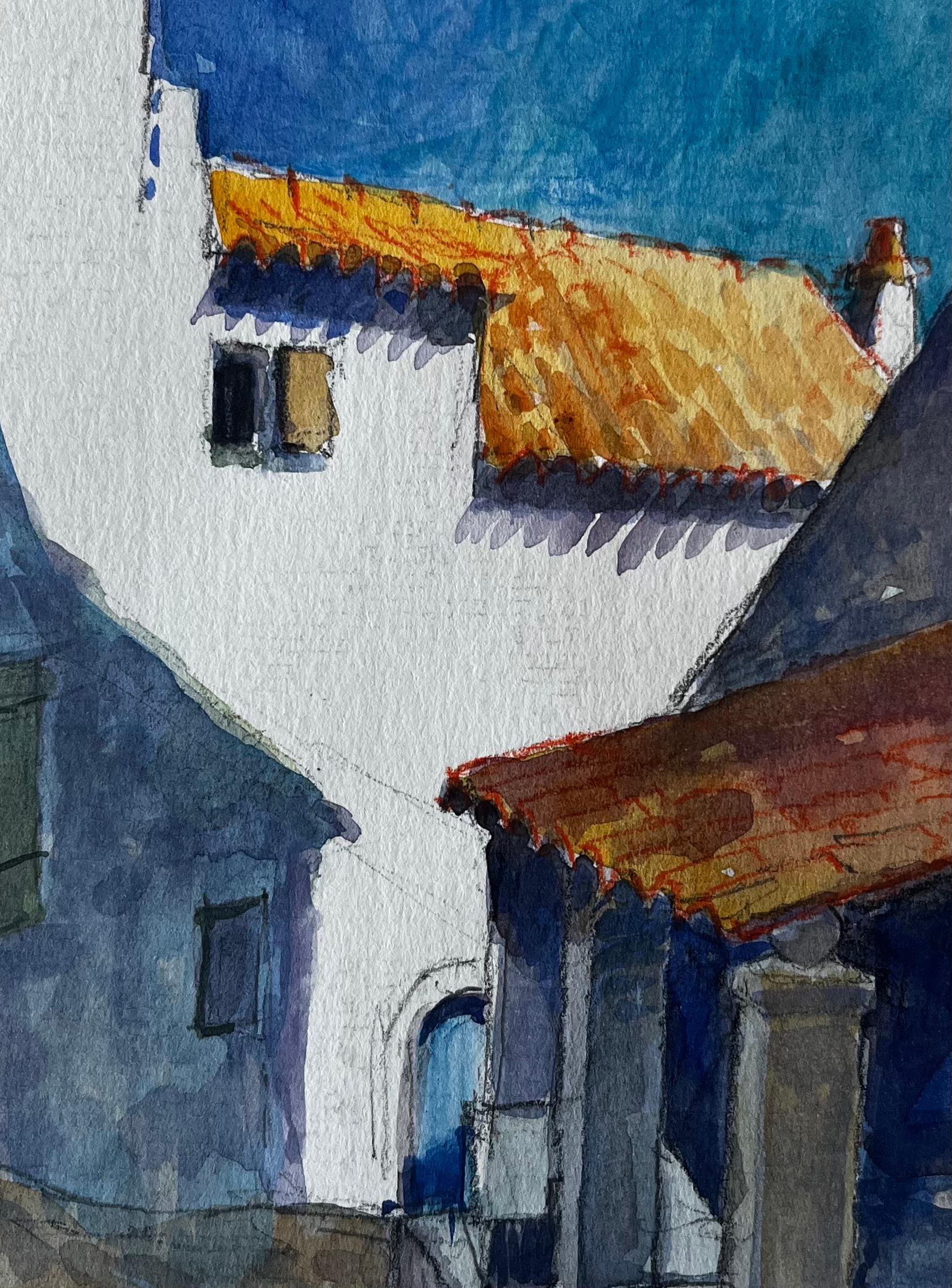 Cucuron Provence Sonnenbeschienene weiße Gebäude Terrakotta-Dächer Dorfstraße im Angebot 2