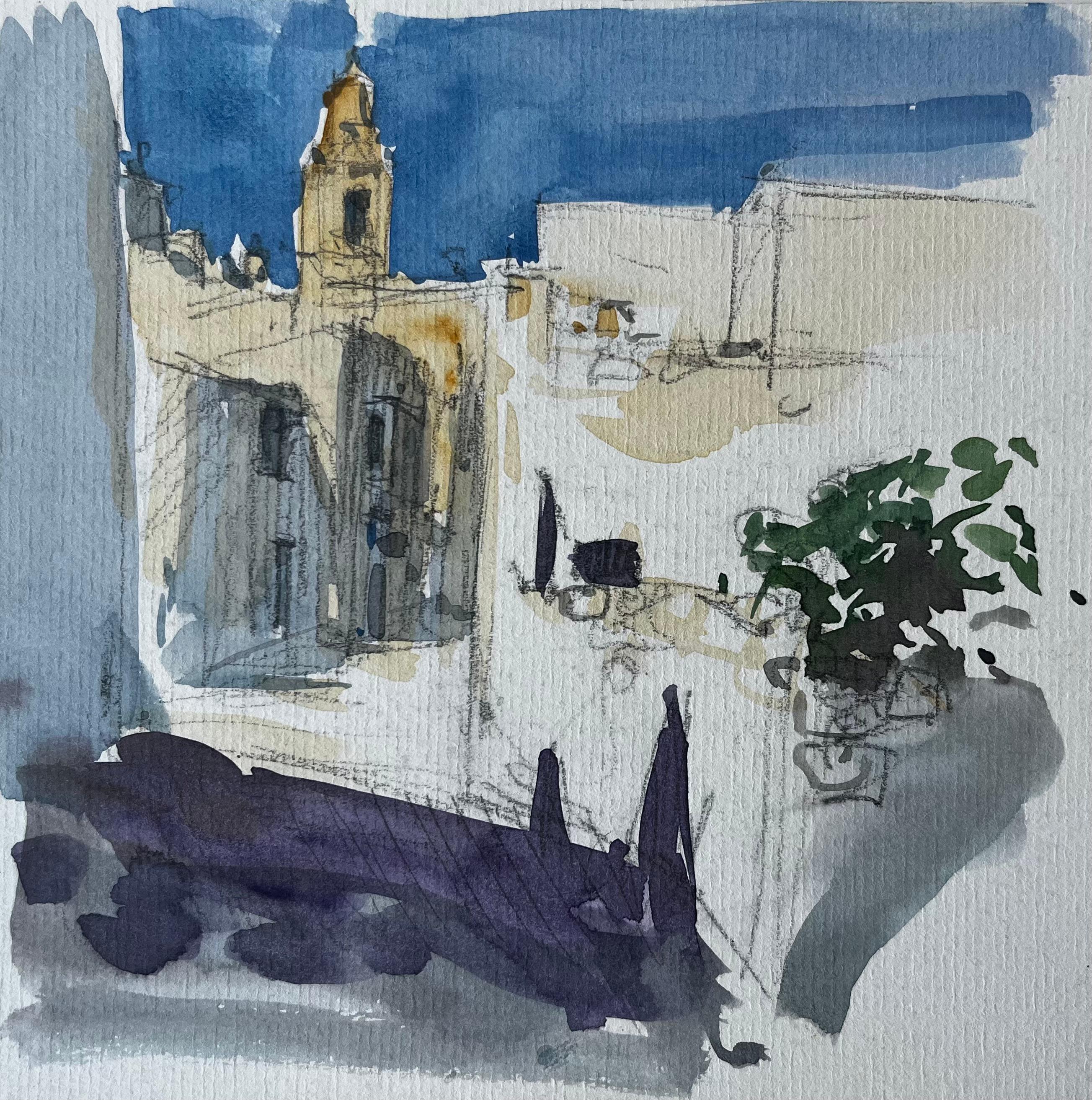 Landscape Art Pierre Neveu - Méditerranée Rue éclairée par le soleil Church
s Tour Bâtiments blancs Plante Pot Aquarelle