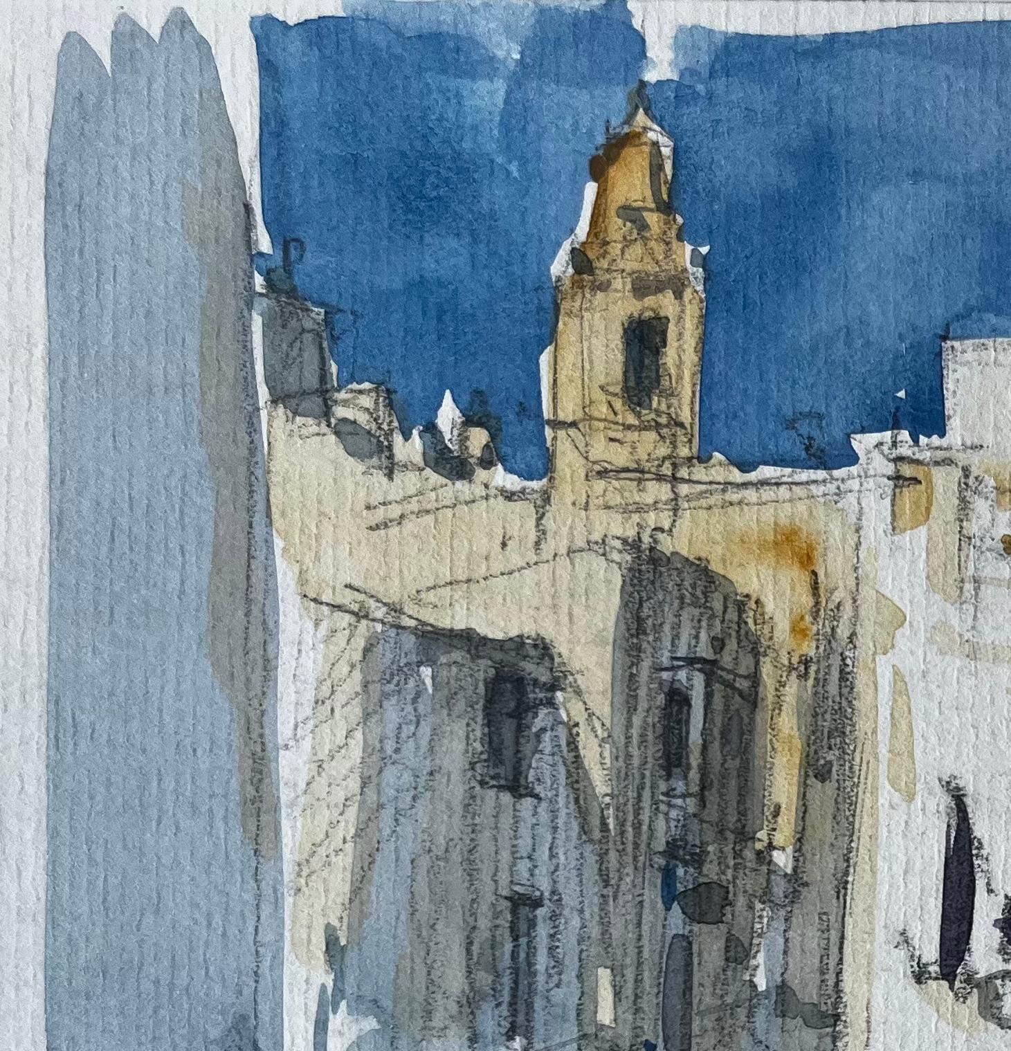 Méditerranée Rue éclairée par le soleil Church's Tour Bâtiments blancs Plante Pot Aquarelle - Post-impressionnisme Art par Pierre Neveu