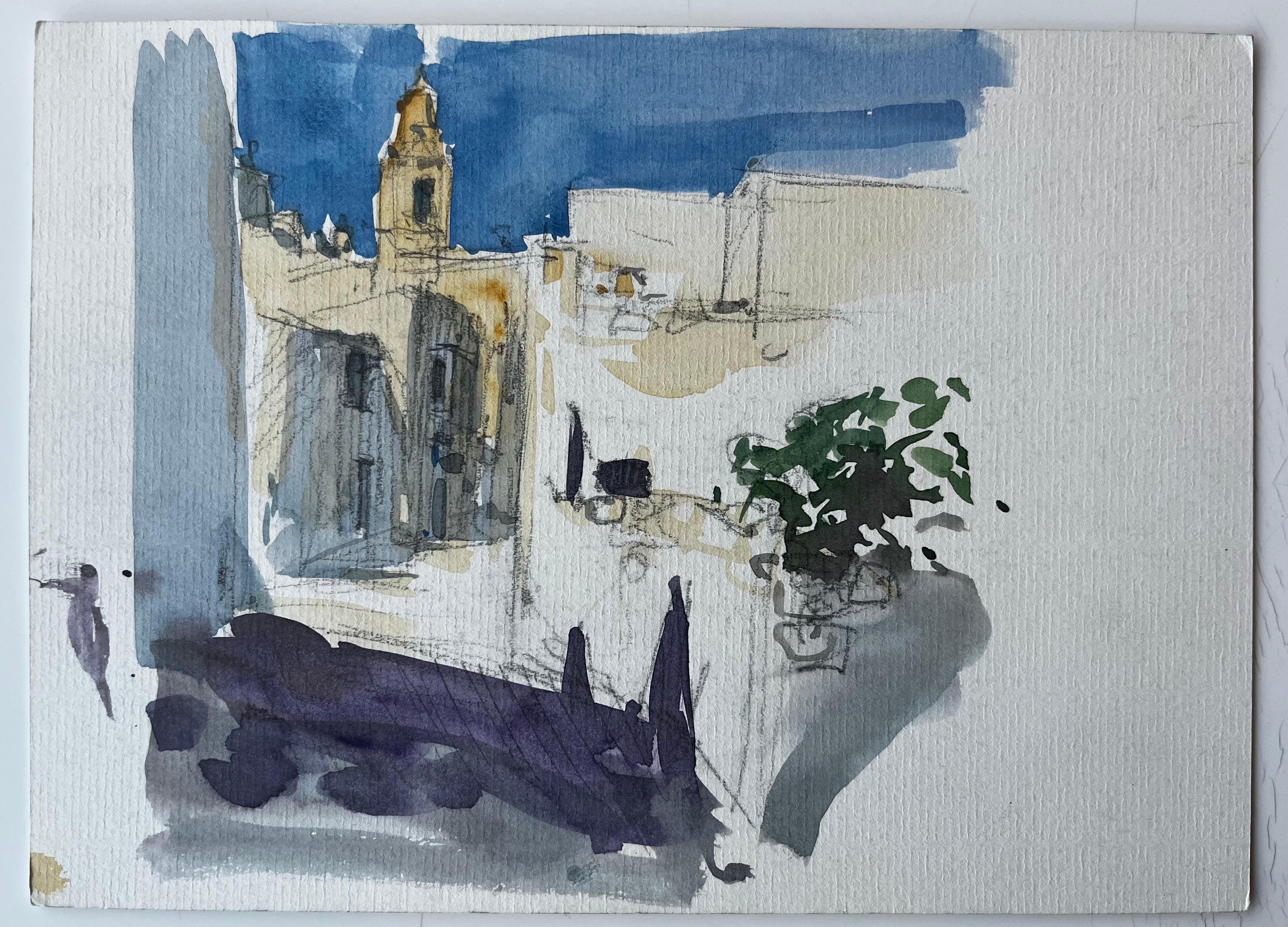 Méditerranée Rue éclairée par le soleil Church's Tour Bâtiments blancs Plante Pot Aquarelle - Art de Pierre Neveu