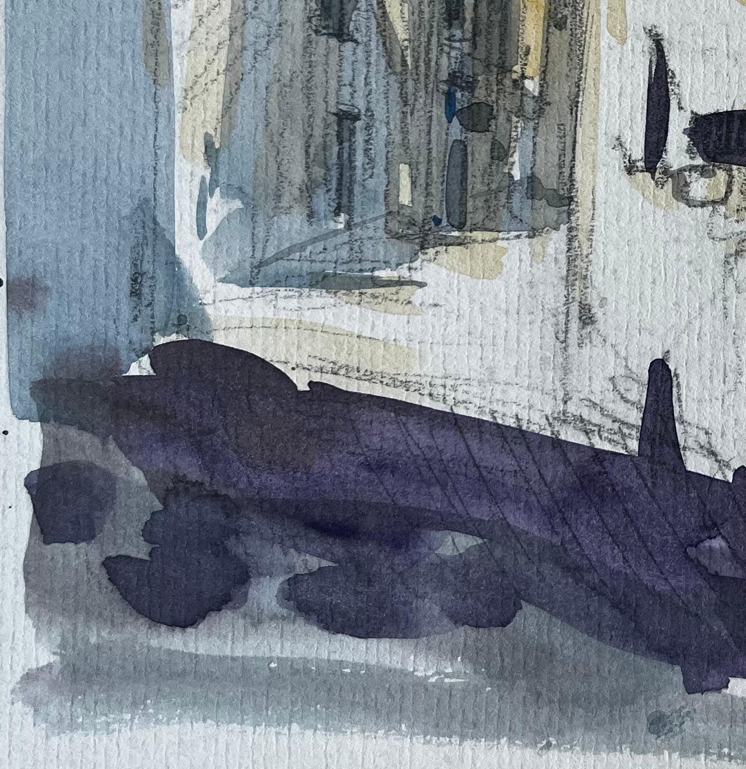 Méditerranée Rue éclairée par le soleil Church's Tour Bâtiments blancs Plante Pot Aquarelle en vente 1