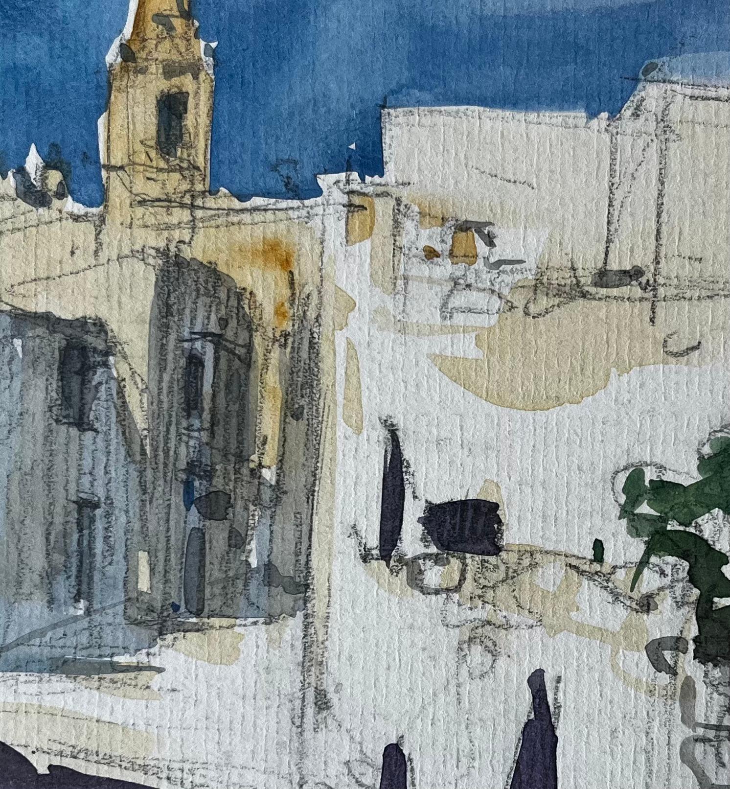 Méditerranée Rue éclairée par le soleil Church's Tour Bâtiments blancs Plante Pot Aquarelle en vente 2