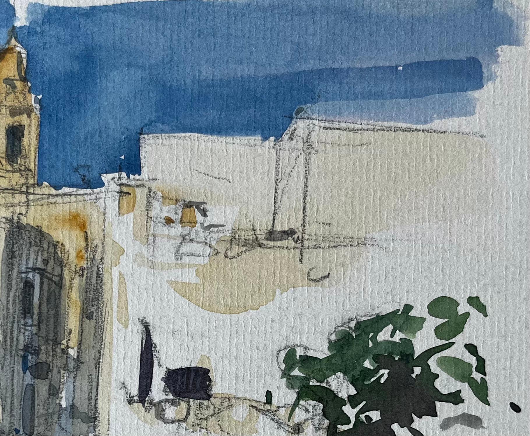 Méditerranée Rue éclairée par le soleil Church's Tour Bâtiments blancs Plante Pot Aquarelle - Gris Landscape Art par Pierre Neveu