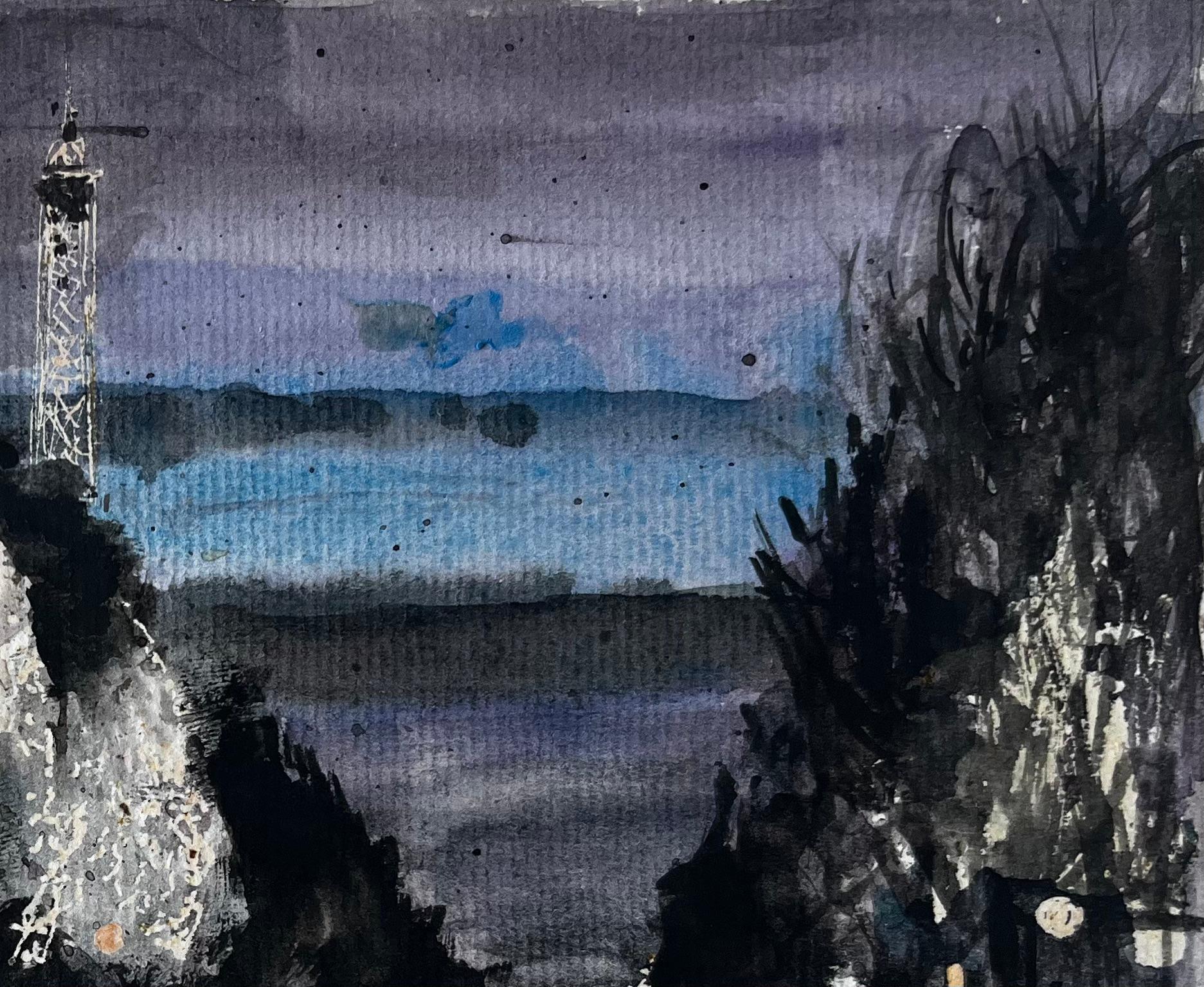 Parigi Torre Eiffel Notte Scena di strada Figure Alberi d'inverno Luci della città - Landscape Art Grigio di Pierre Neveu