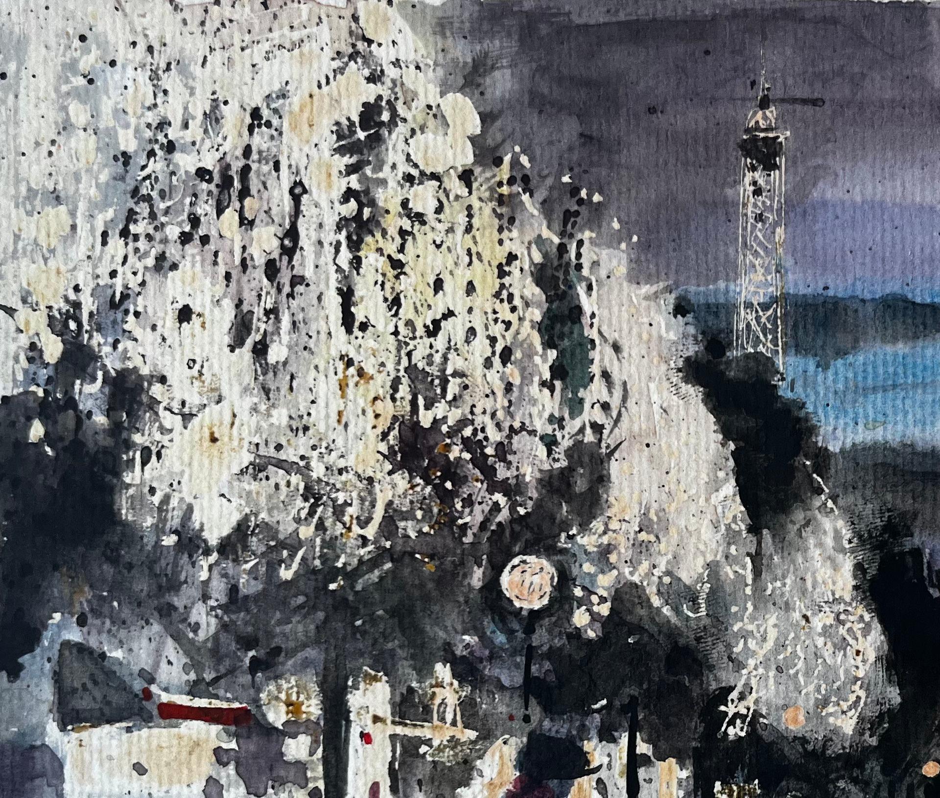 Parigi Torre Eiffel Notte Scena di strada Figure Alberi d'inverno Luci della città - Art Postimpressionismo di Pierre Neveu