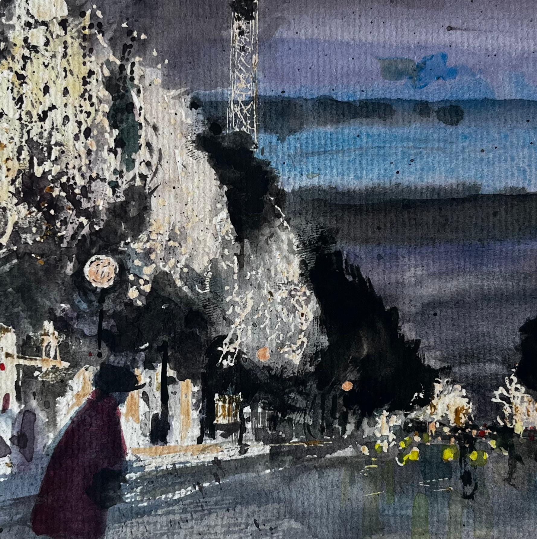 Parigi Torre Eiffel Notte Scena di strada Figure Alberi d'inverno Luci della città in vendita 2