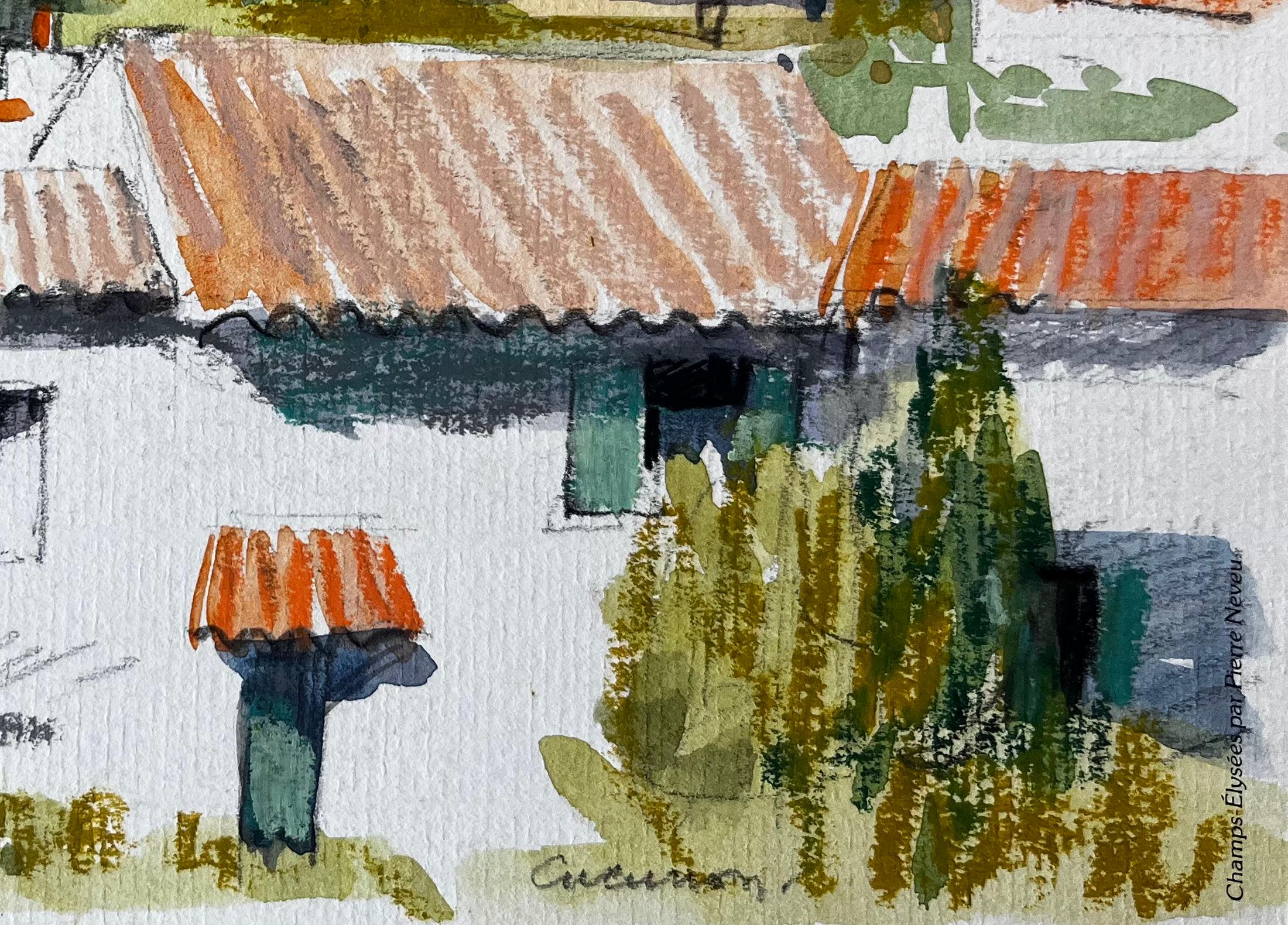 Titel: Cucuron Provence Dächer Terrakotta-Fliesen Dorfhäuser Bäume Landschaft
Künstler: Pierre Neveu (Franzose, geb. 1929)
Medium: Aquarell auf Künstlerpapier, ungerahmt
Größe (H x B): 6,25 x 8,5 Zoll
Bezeichnet 