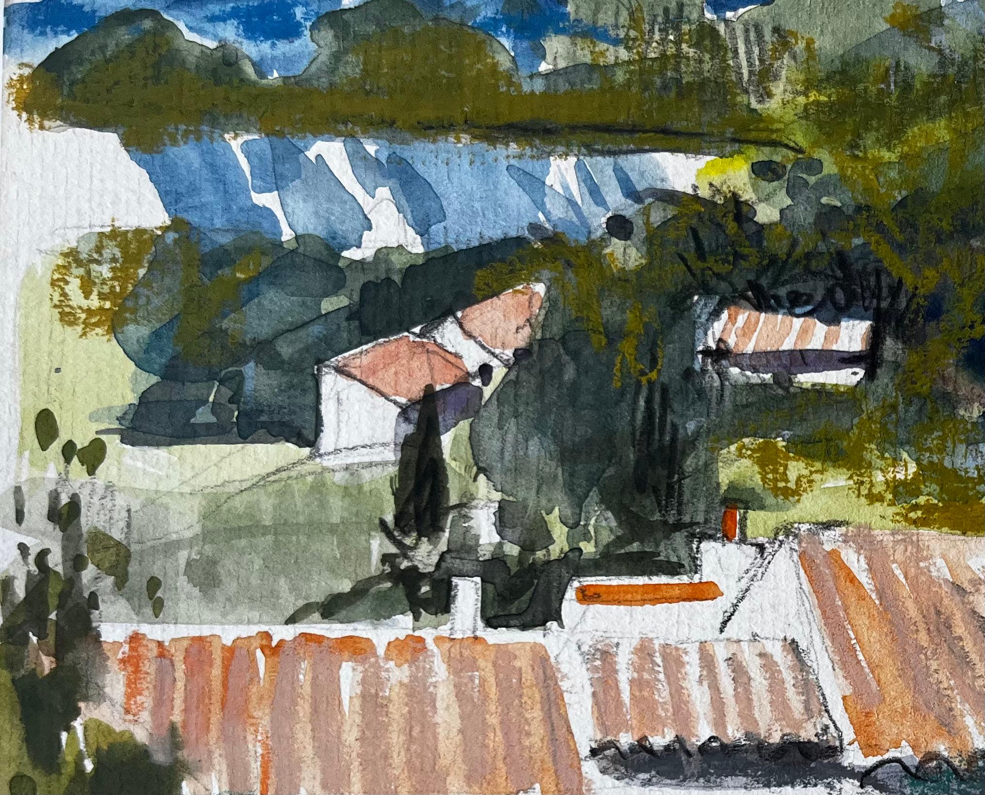 Cucuron Provence Dächer Terrakotta-Fliesen Dorfhäuser Bäume Landschaft (Post-Impressionismus), Art, von Pierre Neveu