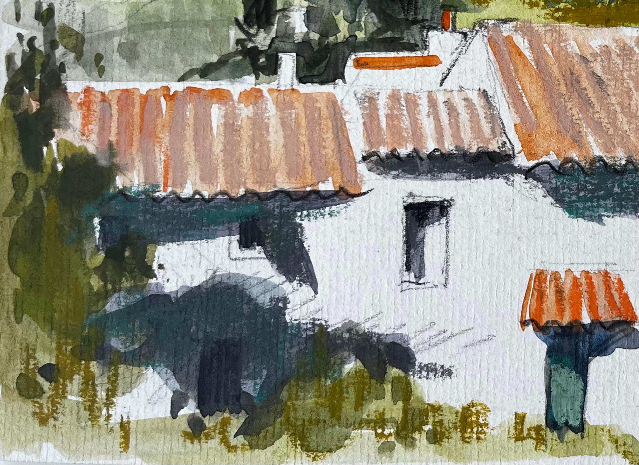 Cucuron Provence Dächer Terrakotta-Fliesen Dorfhäuser Bäume Landschaft im Angebot 1