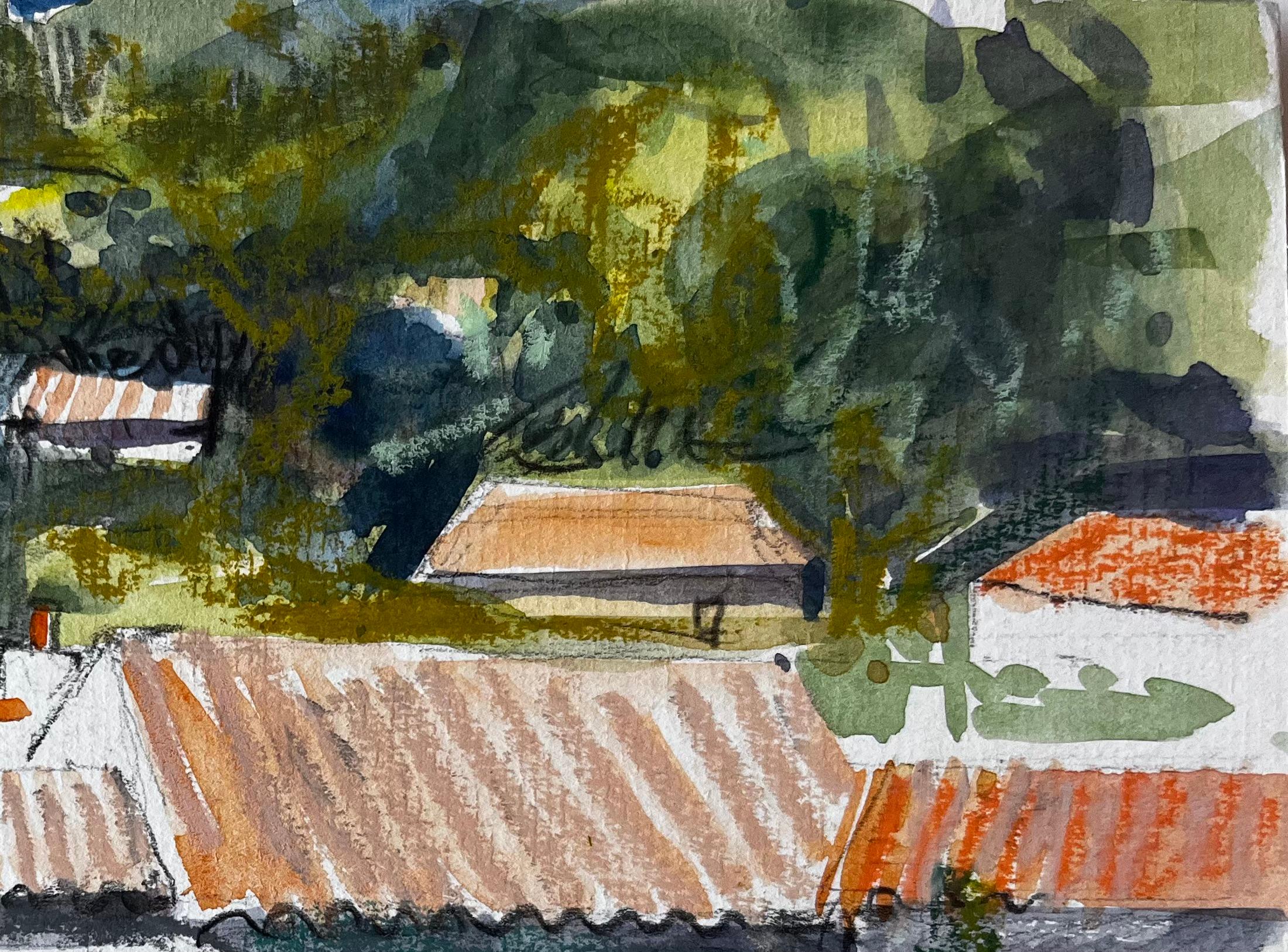 Cucuron Provence Dächer Terrakotta-Fliesen Dorfhäuser Bäume Landschaft (Schwarz), Landscape Art, von Pierre Neveu