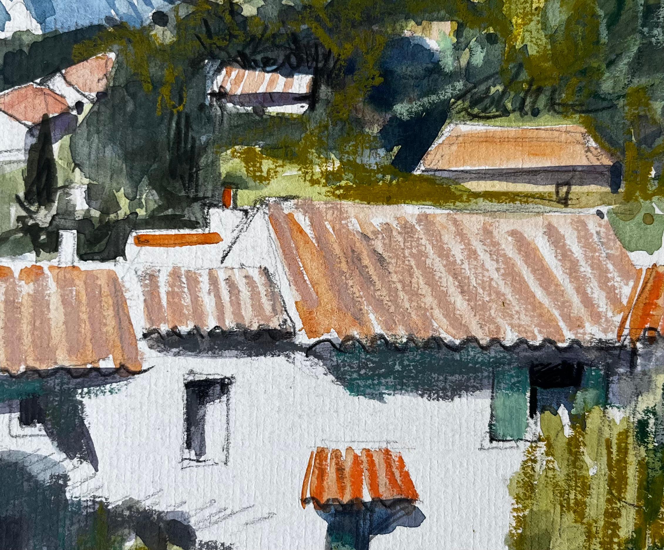 Cucuron Provence Dächer Terrakotta-Fliesen Dorfhäuser Bäume Landschaft im Angebot 2