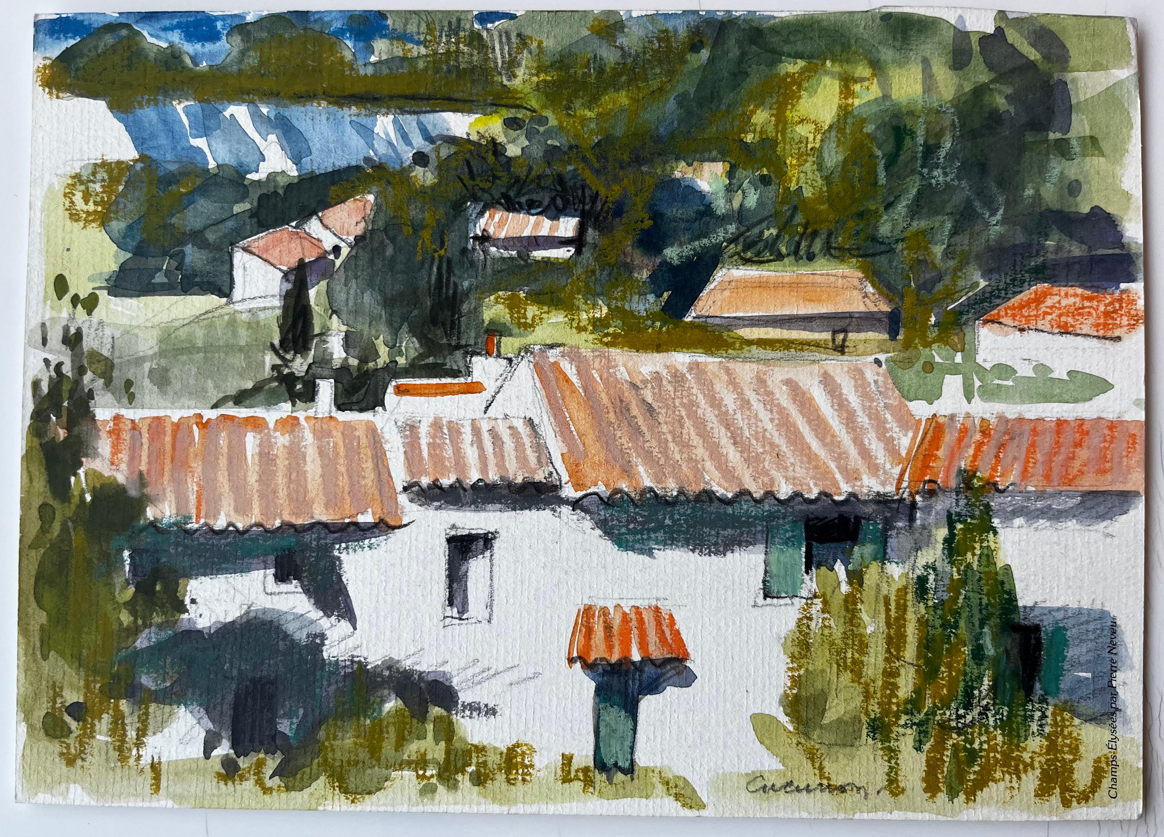 Cucuron Provence Dächer Terrakotta-Fliesen Dorfhäuser Bäume Landschaft – Art von Pierre Neveu