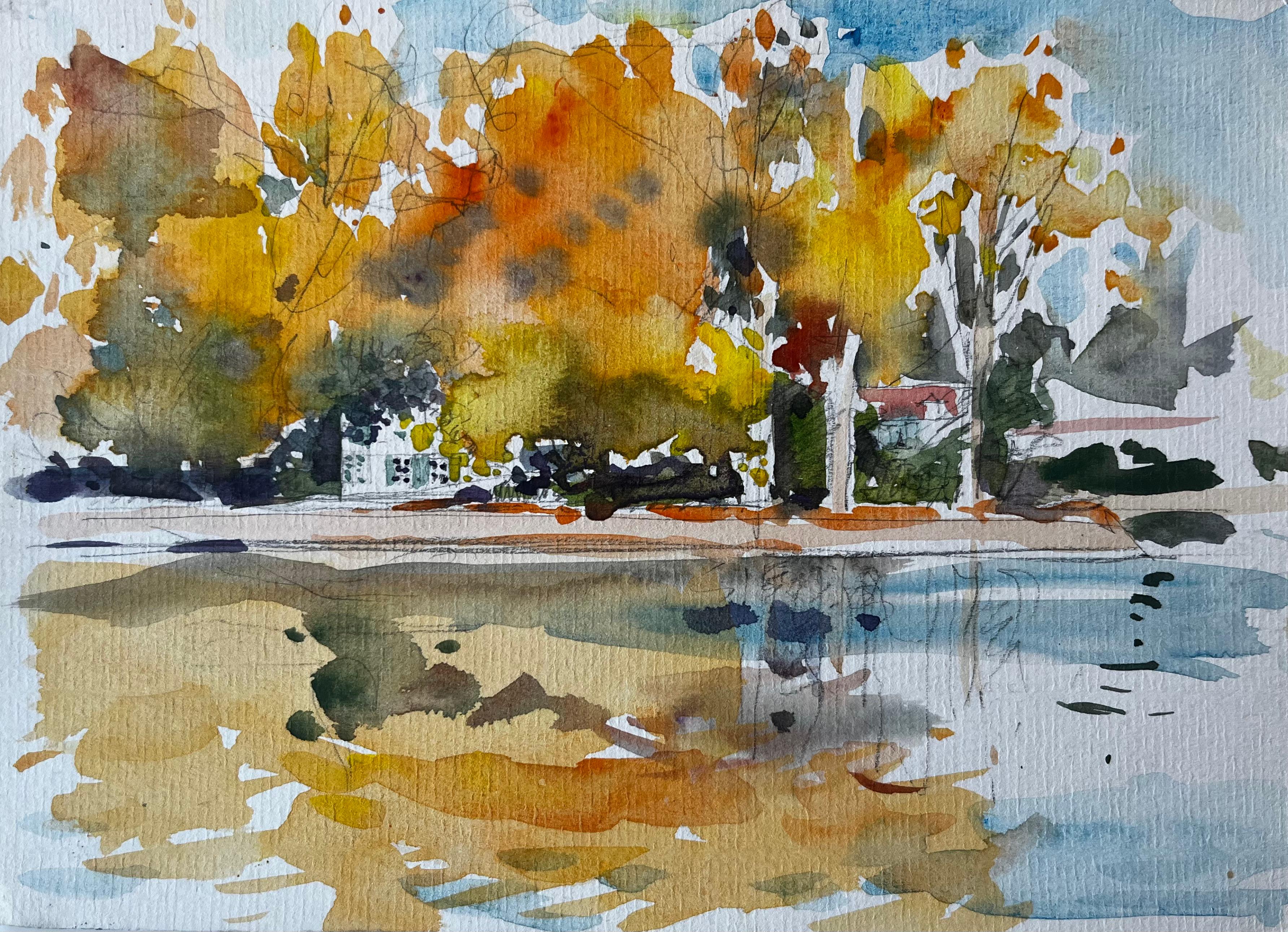 Herbstbäume Seeufer Reflexionen Riverside Haus Goldenes Laub Landschaft