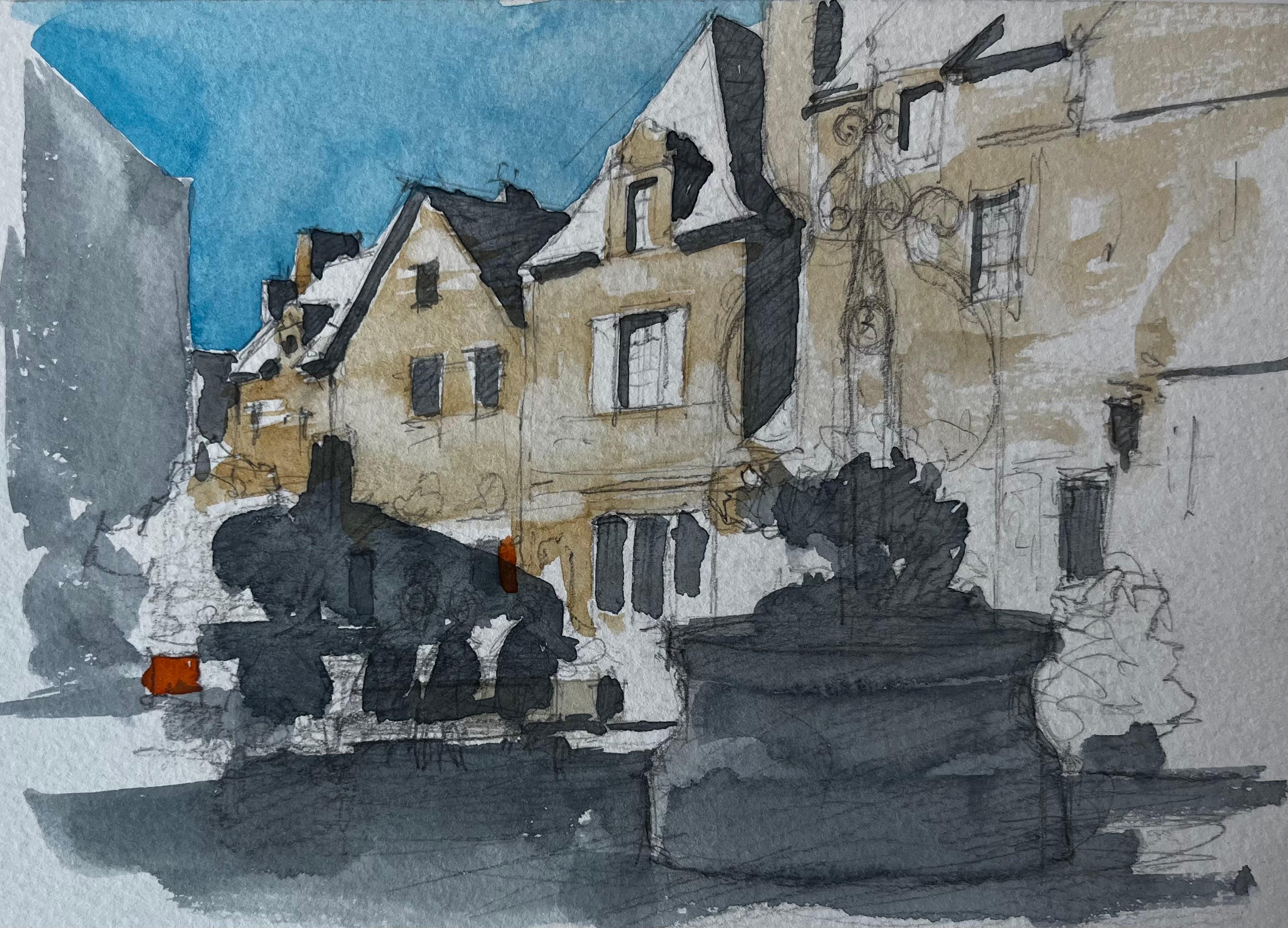 Rochefort en Terre Bretagne Dorfplatz Steinbrunnen Französische Straßenszene