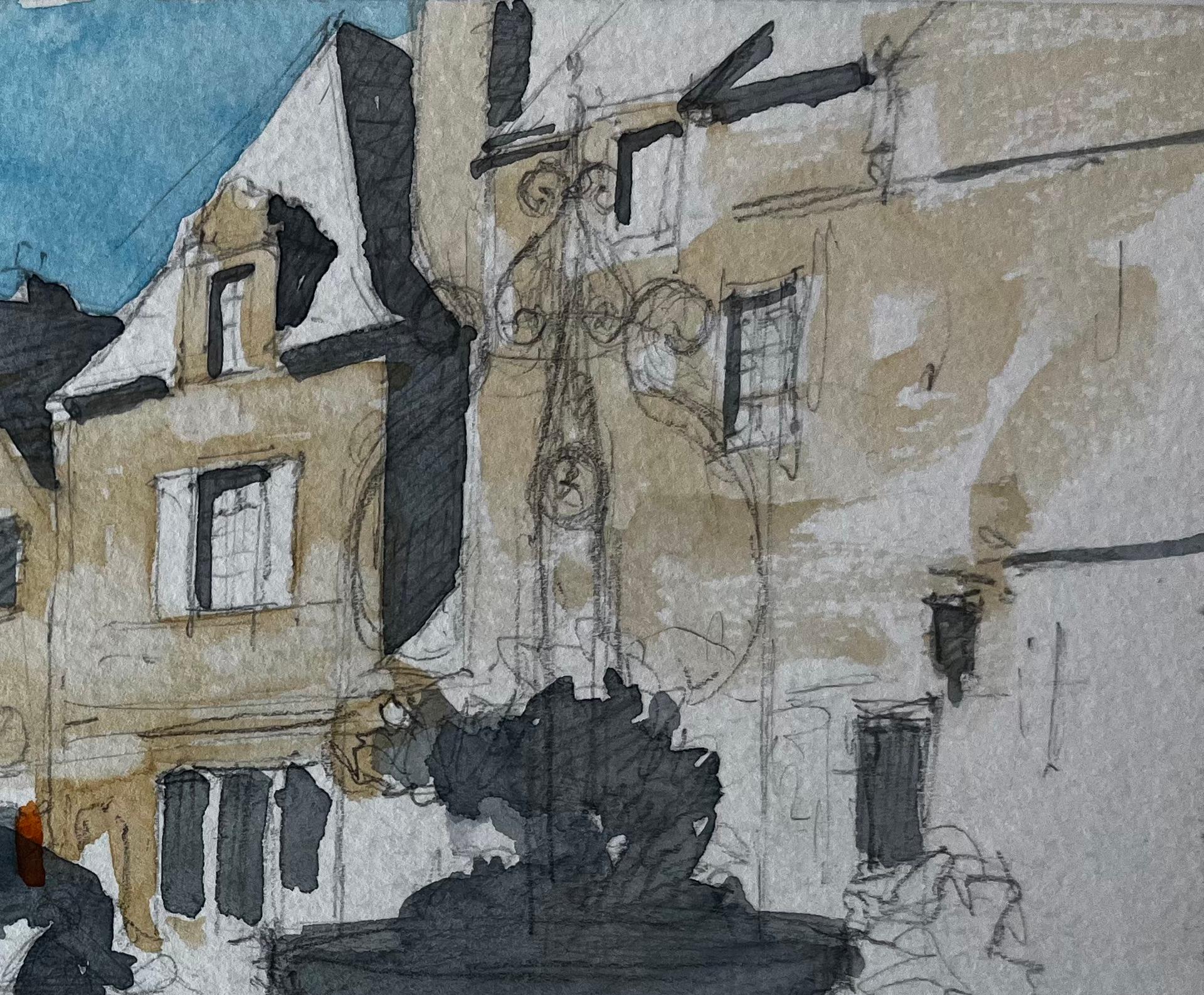 Rochefort en Terre Bretaña Plaza del pueblo Fuente de piedra Escena callejera francesa - Art Posimpresionista de Pierre Neveu