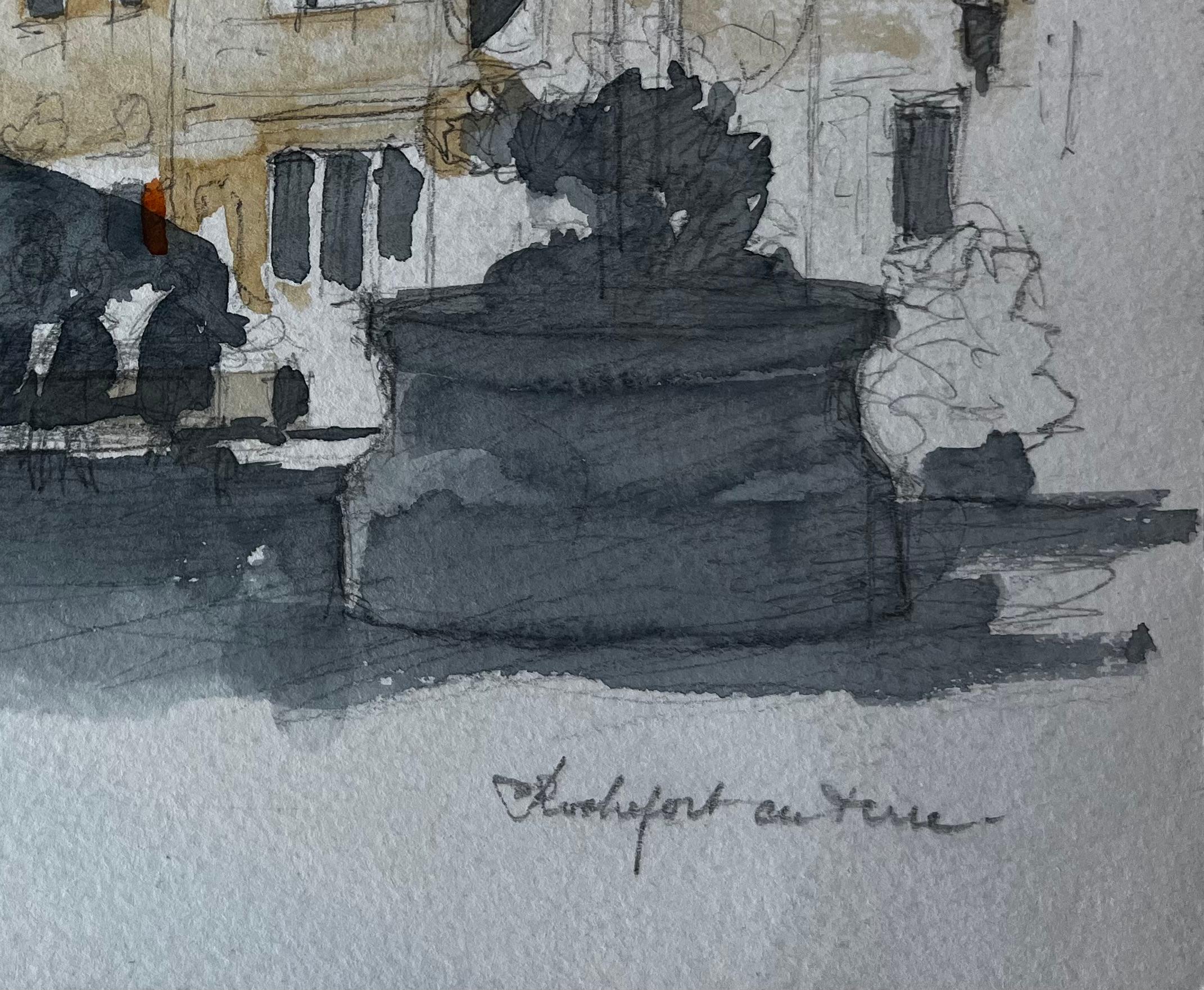 Rochefort en Terre Bretaña Plaza del pueblo Fuente de piedra Escena callejera francesa - Landscape Art Gris de Pierre Neveu