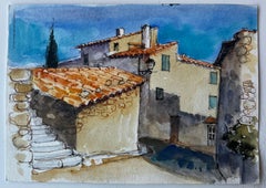 Provençal Village Street Sunlit Houses Terracotta Roofs French Hilltown Scene