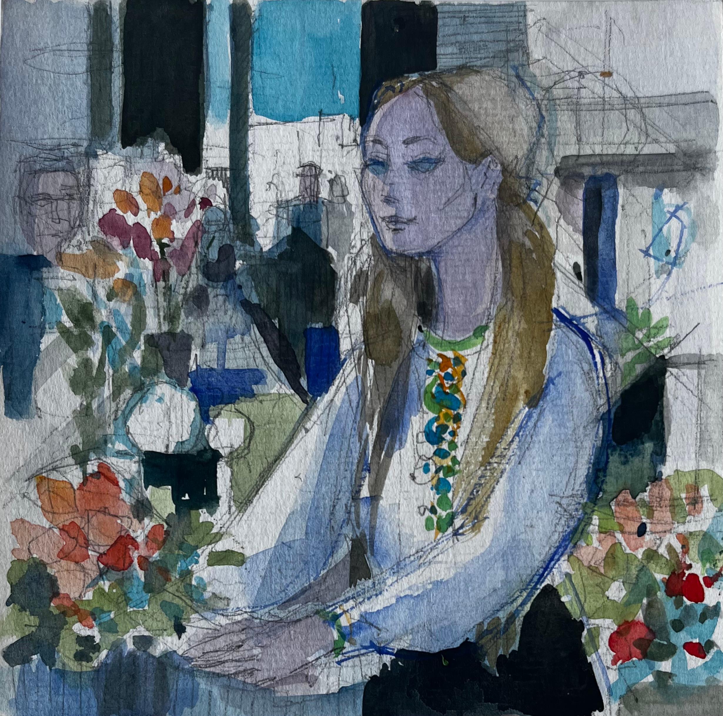 Femme assise avec des fleurs Scène d
intérieur Aquarelle figurative de Pierre Neveu