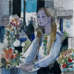 Femme assise avec des fleurs Scène d'intérieur Aquarelle figurative de Pierre Neveu