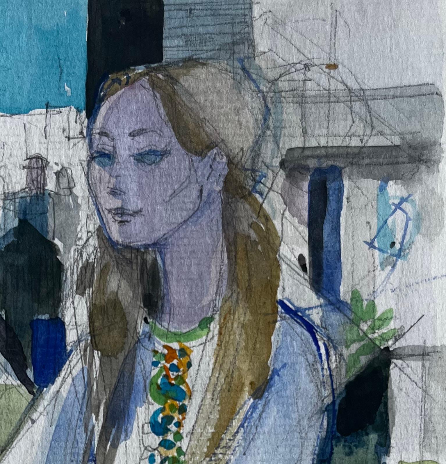 Femme assise avec des fleurs Scène d'intérieur Aquarelle figurative de Pierre Neveu en vente 2