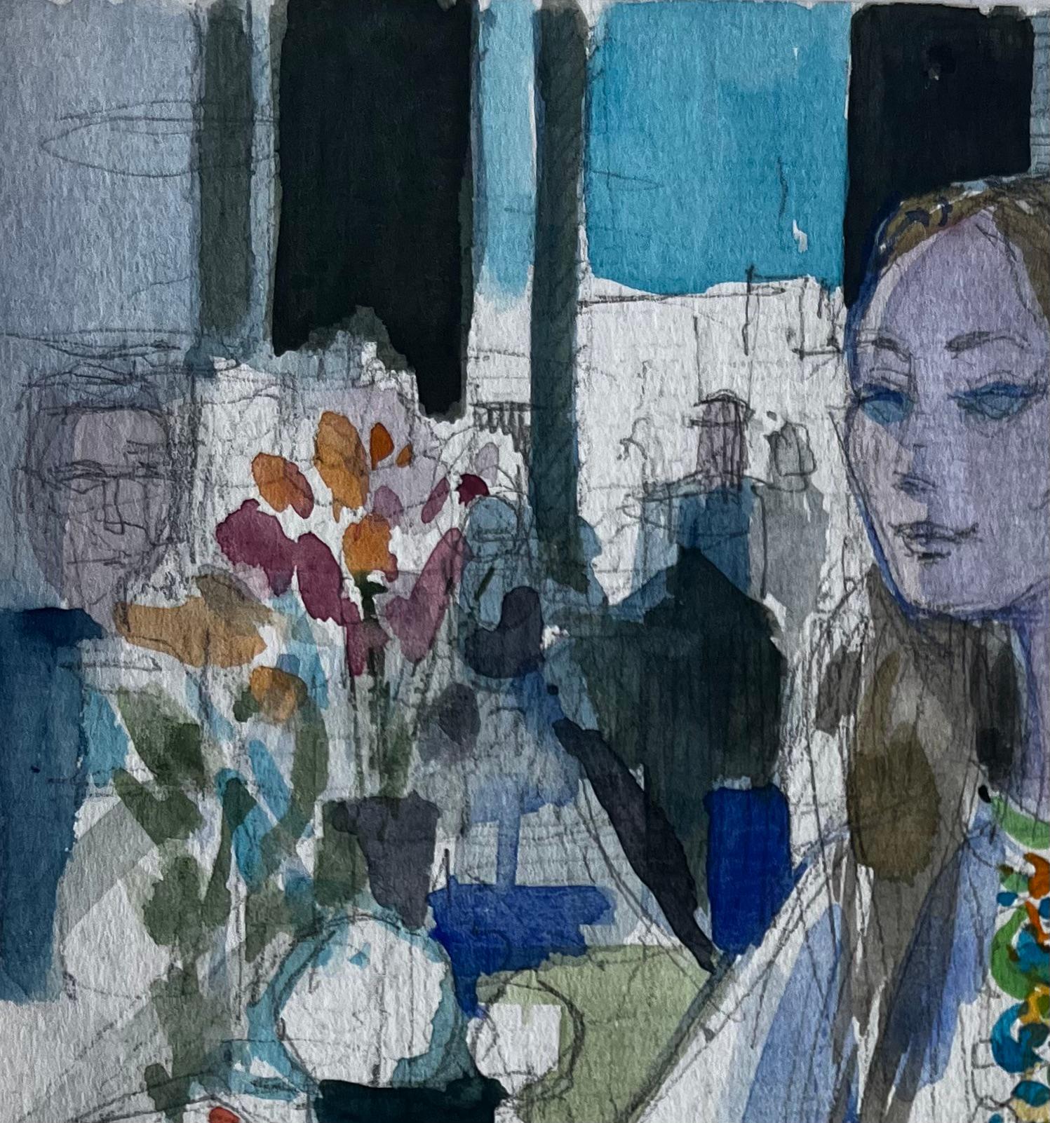 Femme assise avec des fleurs Scène d'intérieur Aquarelle figurative de Pierre Neveu en vente 3