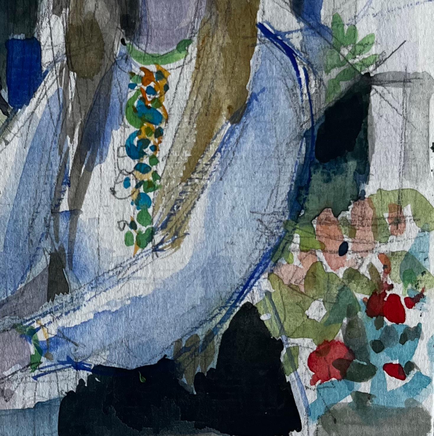 Femme assise avec des fleurs Scène d'intérieur Aquarelle figurative de Pierre Neveu en vente 4