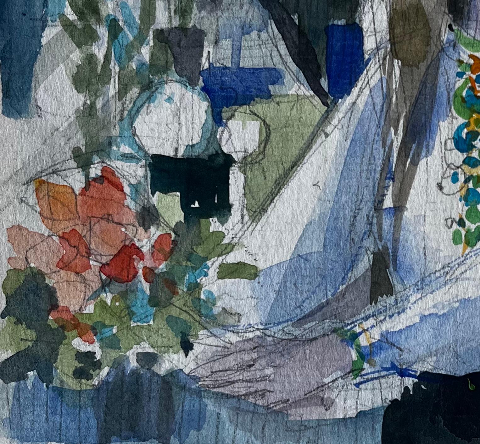 Femme assise avec des fleurs Scène d'intérieur Aquarelle figurative de Pierre Neveu en vente 5