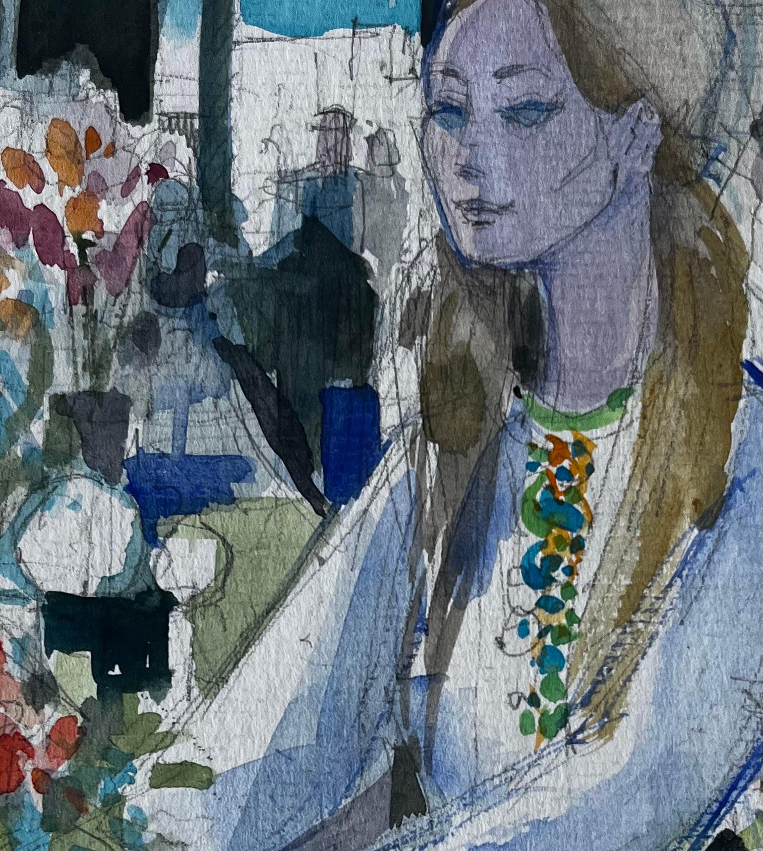 Femme assise avec des fleurs Scène d'intérieur Aquarelle figurative de Pierre Neveu en vente 6