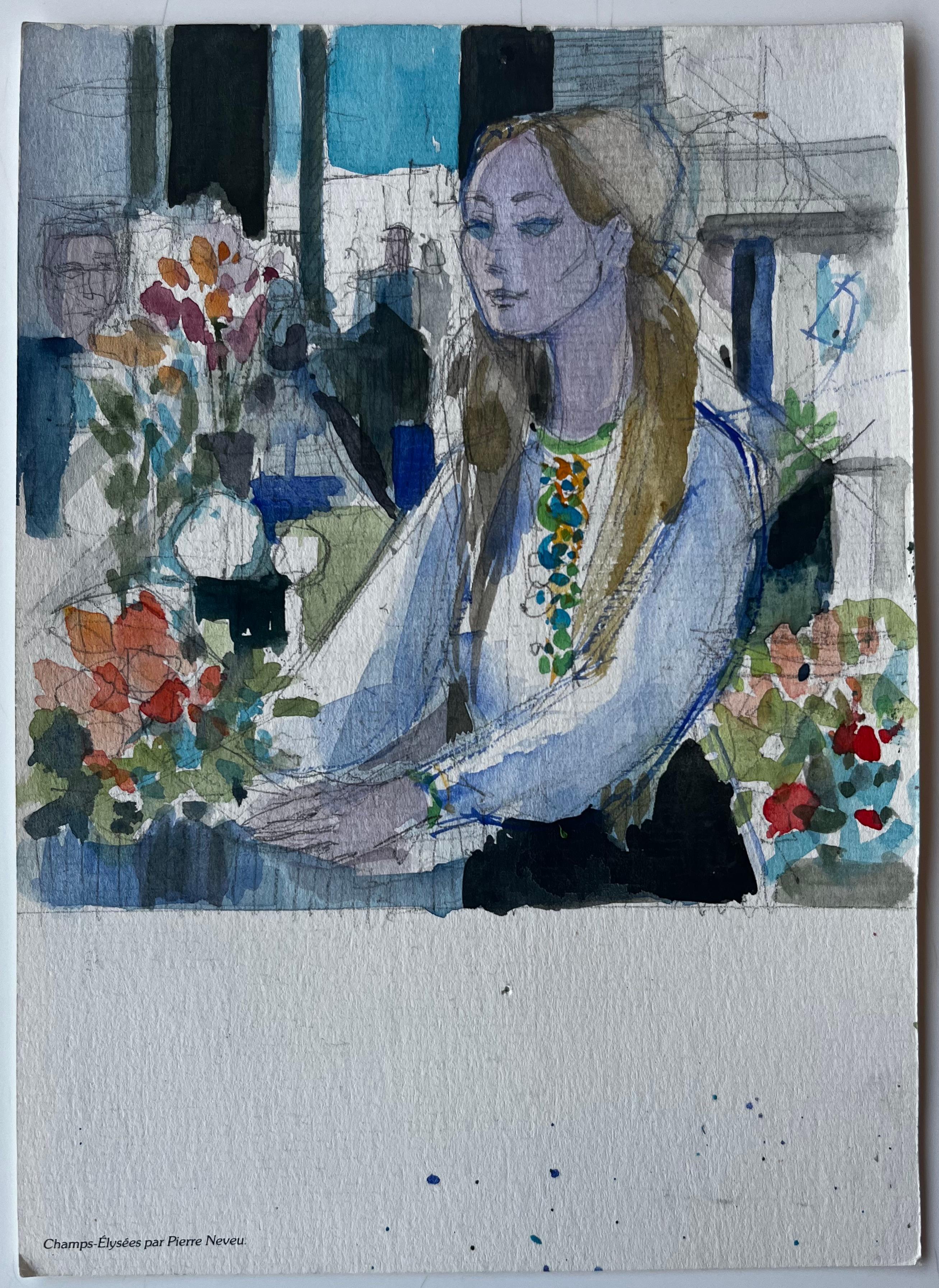 Femme assise avec des fleurs Scène d'intérieur Aquarelle figurative de Pierre Neveu en vente 1