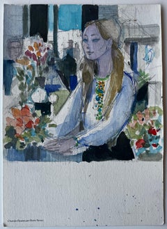 Seated Woman with Flowers Interior Scene Figurative Watercolour by Pierre Neveu