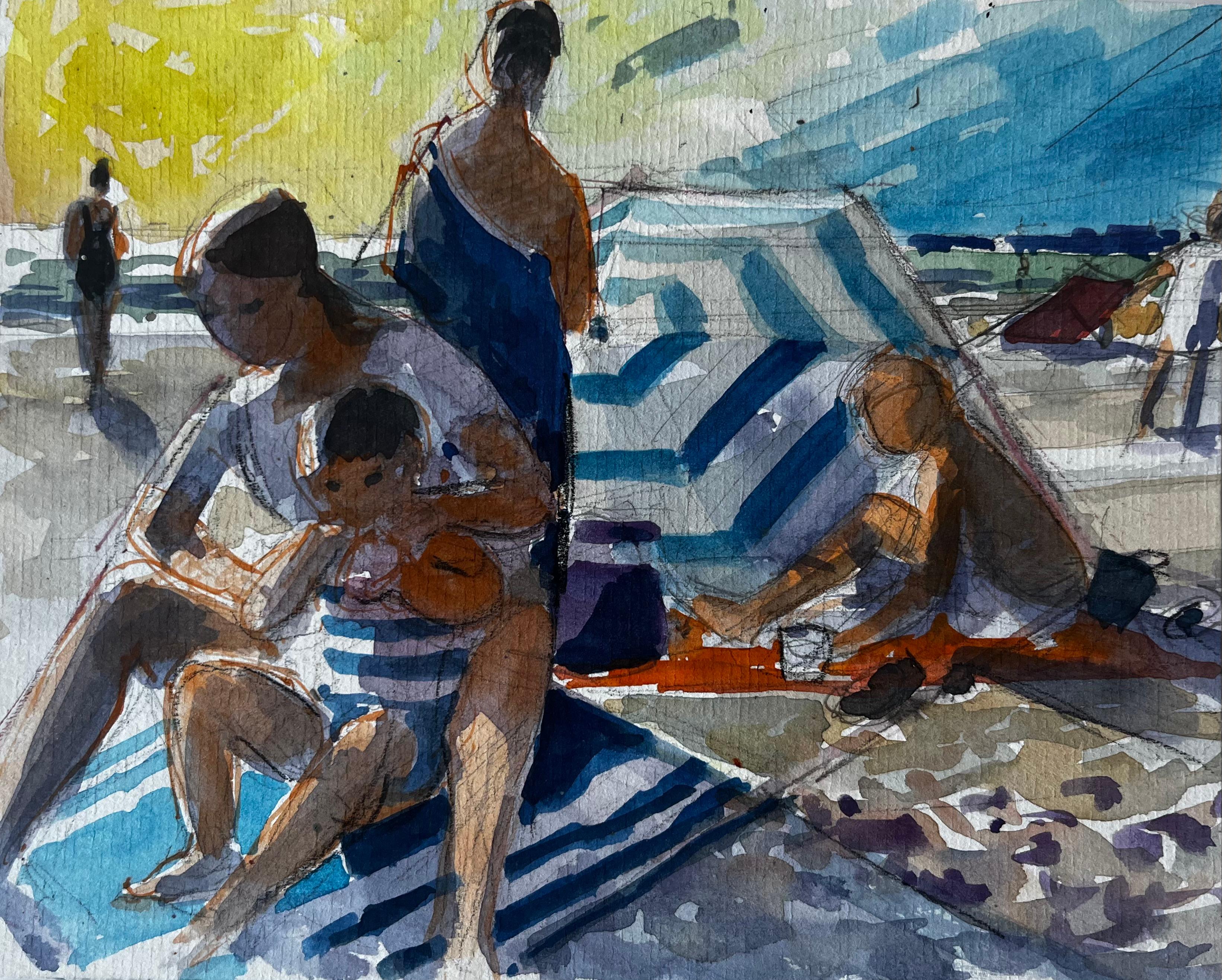 Familie am Strand mit gestreiftem Windschutz Sommerszene Aquarell von Pierre Neveu